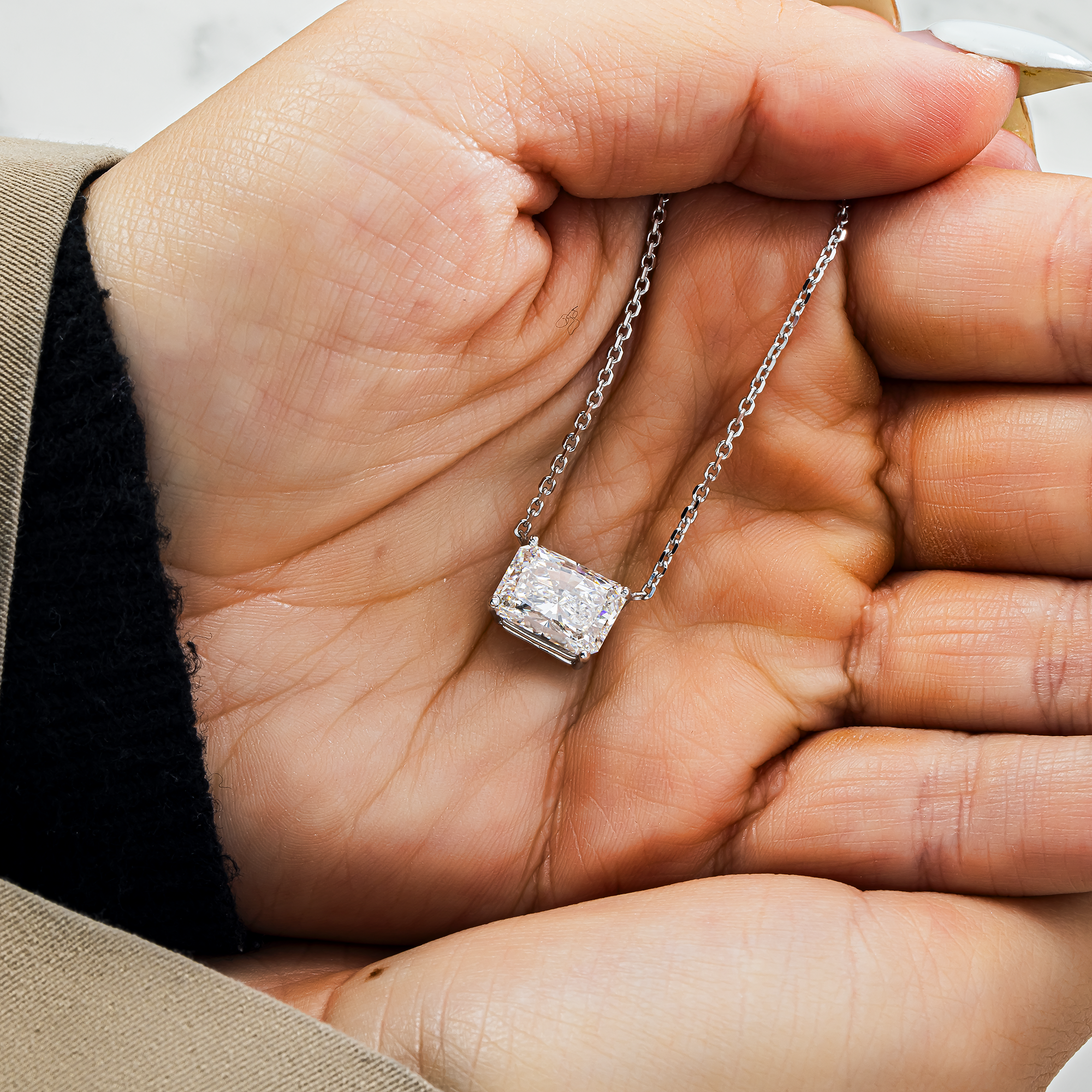 Choose Your Size - 14K White Gold IGI Radiant Diamond Solitaire Adjustable Chain Necklace (2.0ct-6.0ct total)