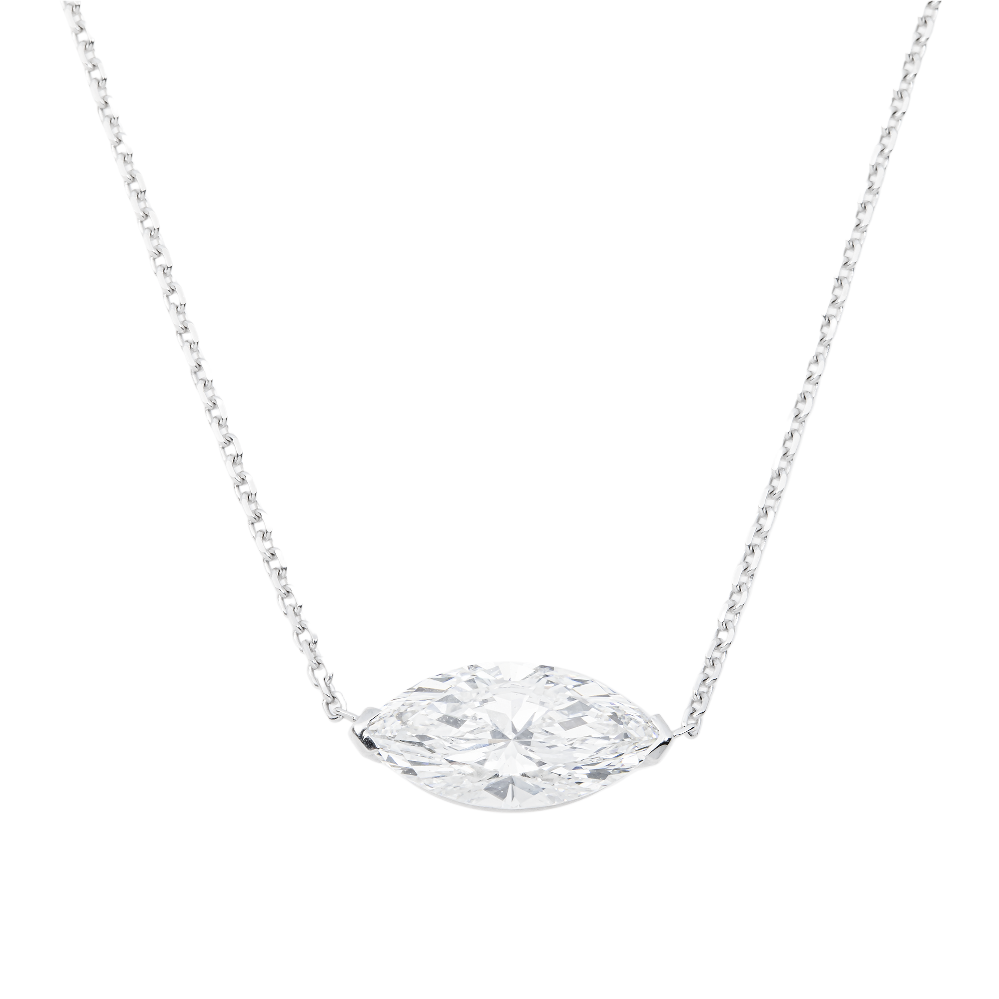 Choose Your Size - 14K White Gold IGI Marquise Diamond Solitaire Adjustable Chain Necklace (2.0ct-6.0ct total)