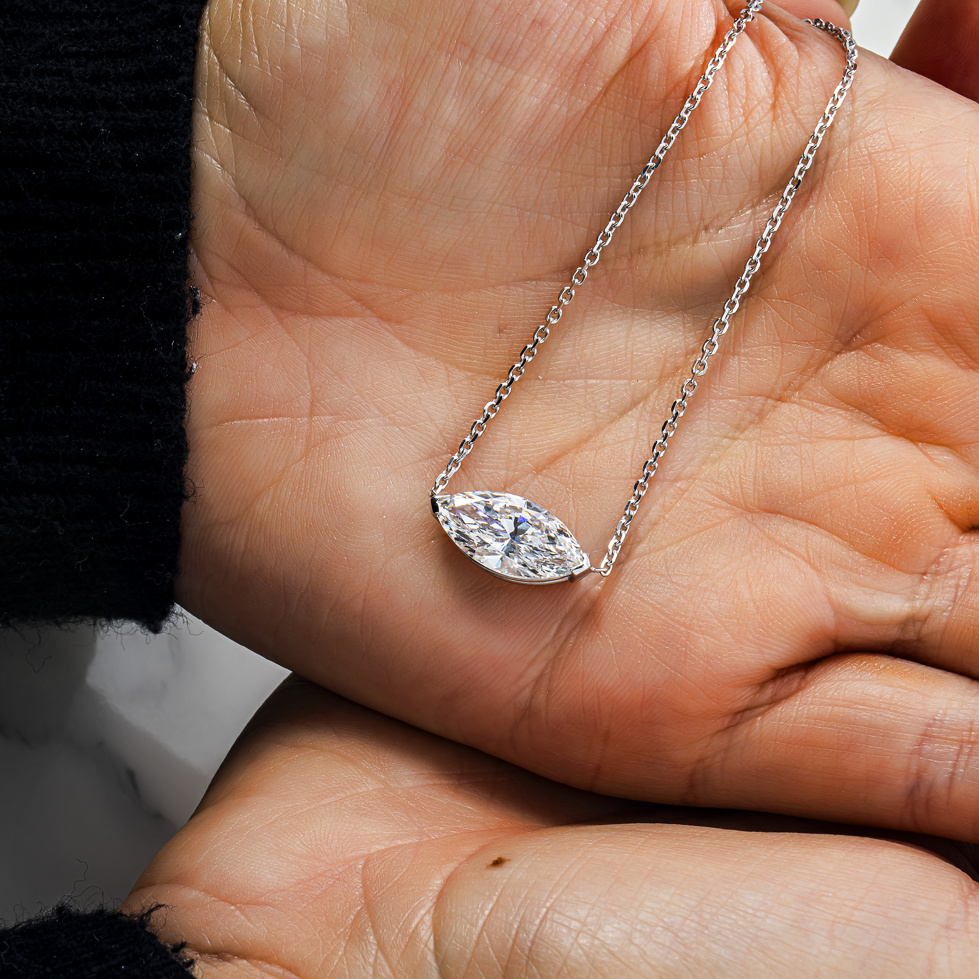Choose Your Size - 14K White Gold IGI Marquise Diamond Solitaire Adjustable Chain Necklace (2.0ct-6.0ct total)