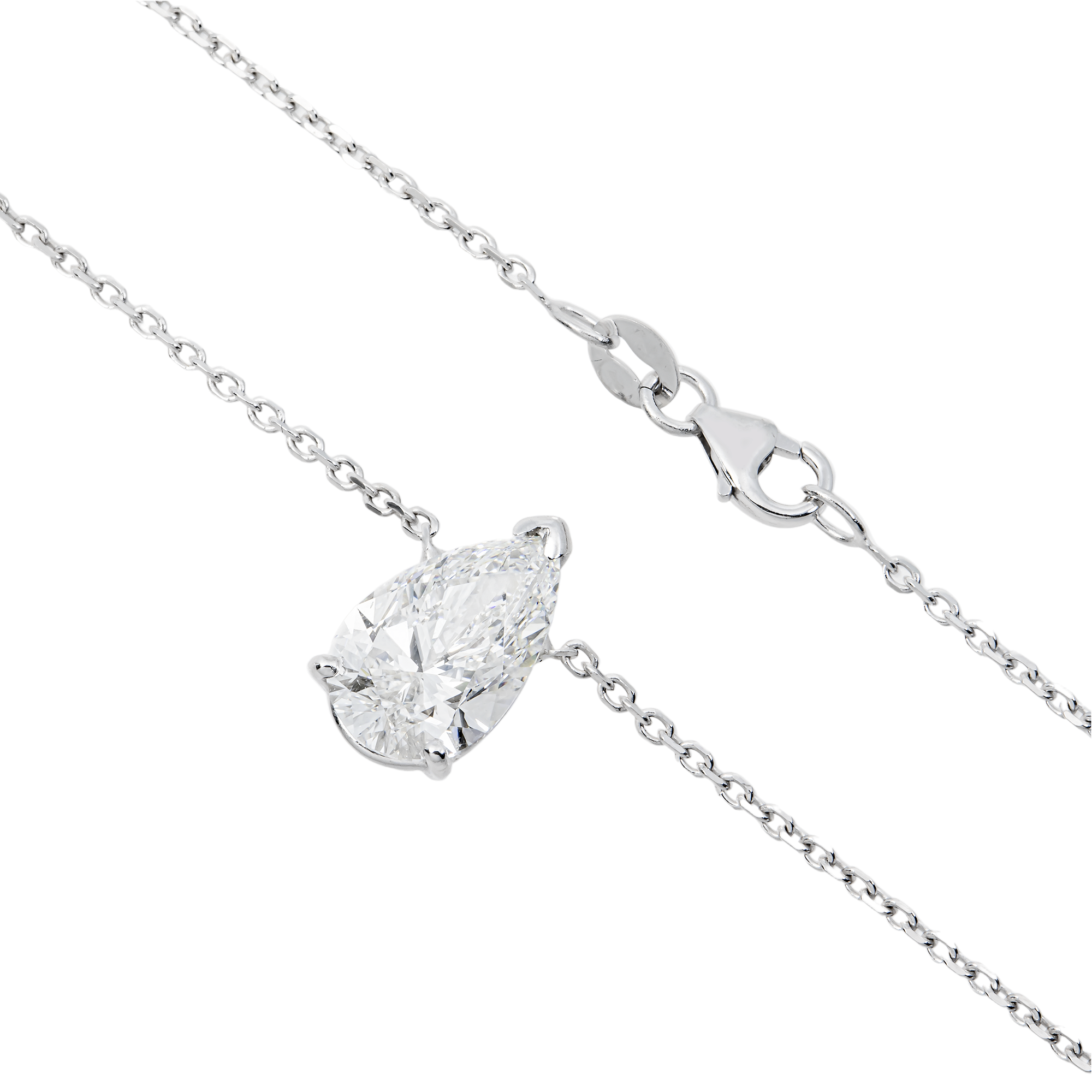 Choose Your Size - 14K White Gold IGI Pear Diamond Solitaire Adjustable Chain Necklace (2.0ct-6.0ct total)