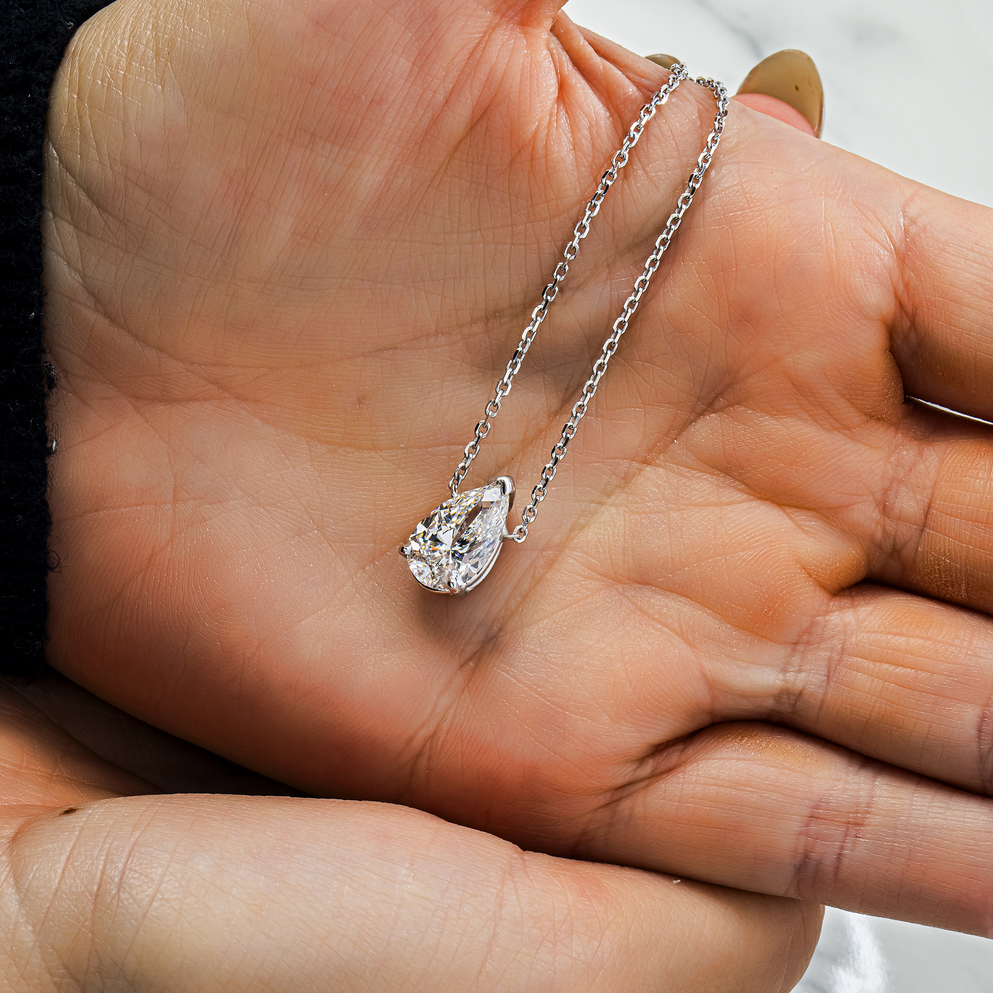 Choose Your Size - 14K White Gold IGI Pear Diamond Solitaire Adjustable Chain Necklace (2.0ct-6.0ct total)