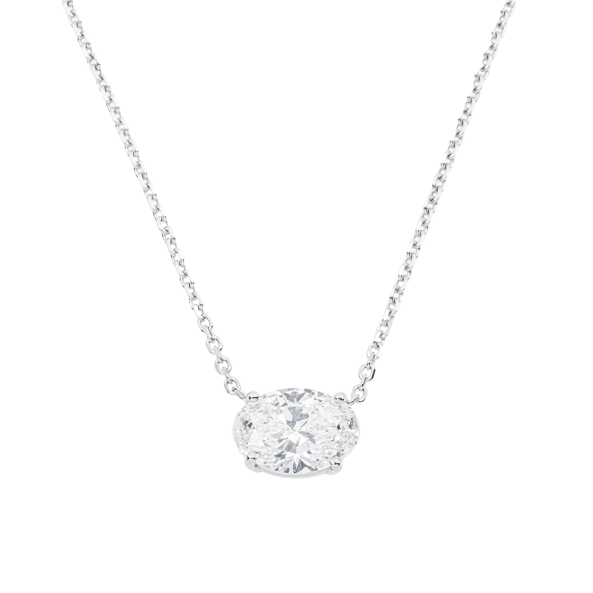 Choose Your Size - 14K White Gold IGI Horizontal Oval Diamond Solitaire Adjustable Chain Necklace (2.0ct-6.0ct total)