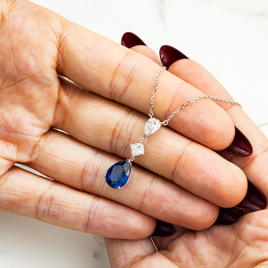 White Gold Pear Cut Sapphire & Diamond Drop Pendant Necklace