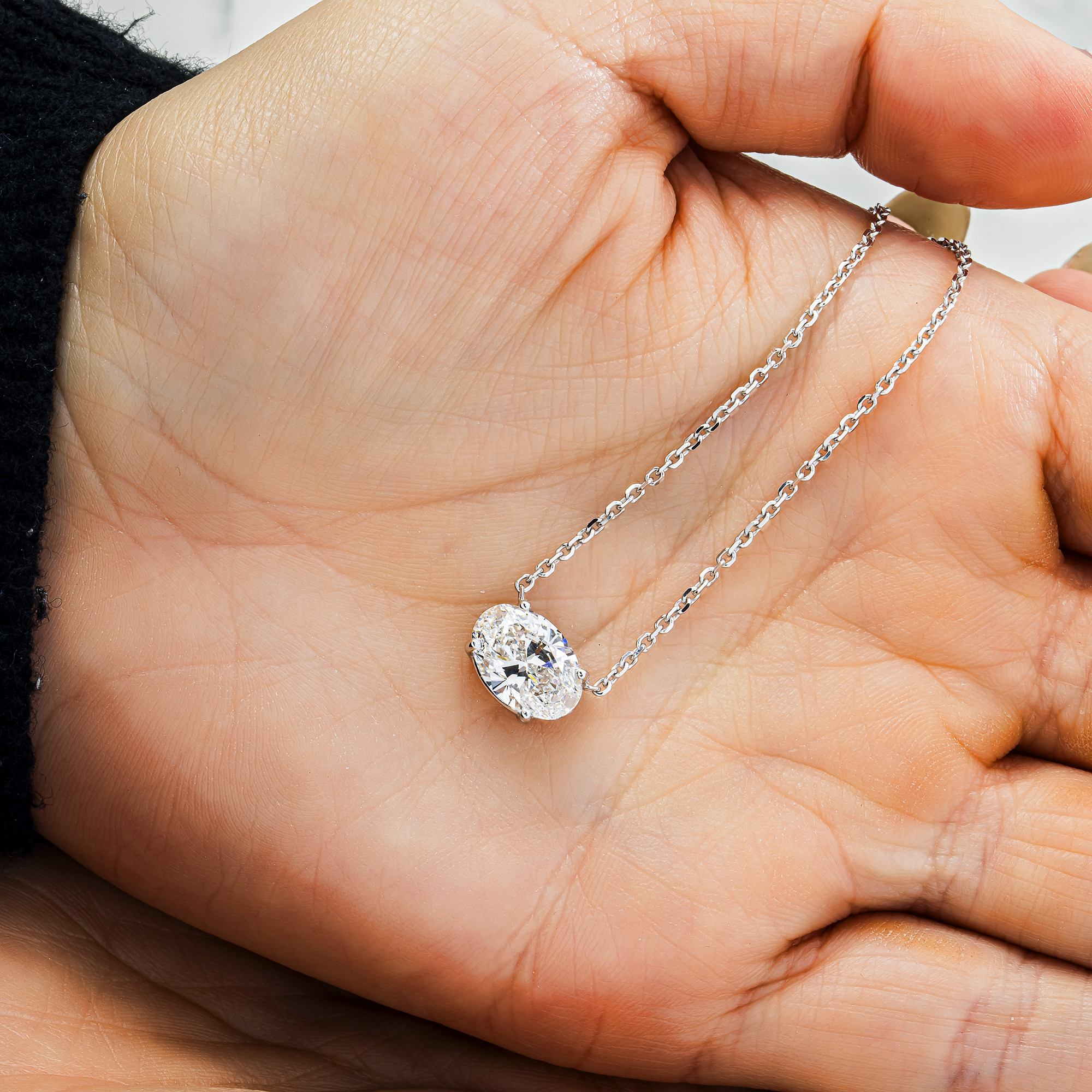 Choose Your Size - 14K White Gold IGI Horizontal Oval Diamond Solitaire Adjustable Chain Necklace (2.0ct-6.0ct total)
