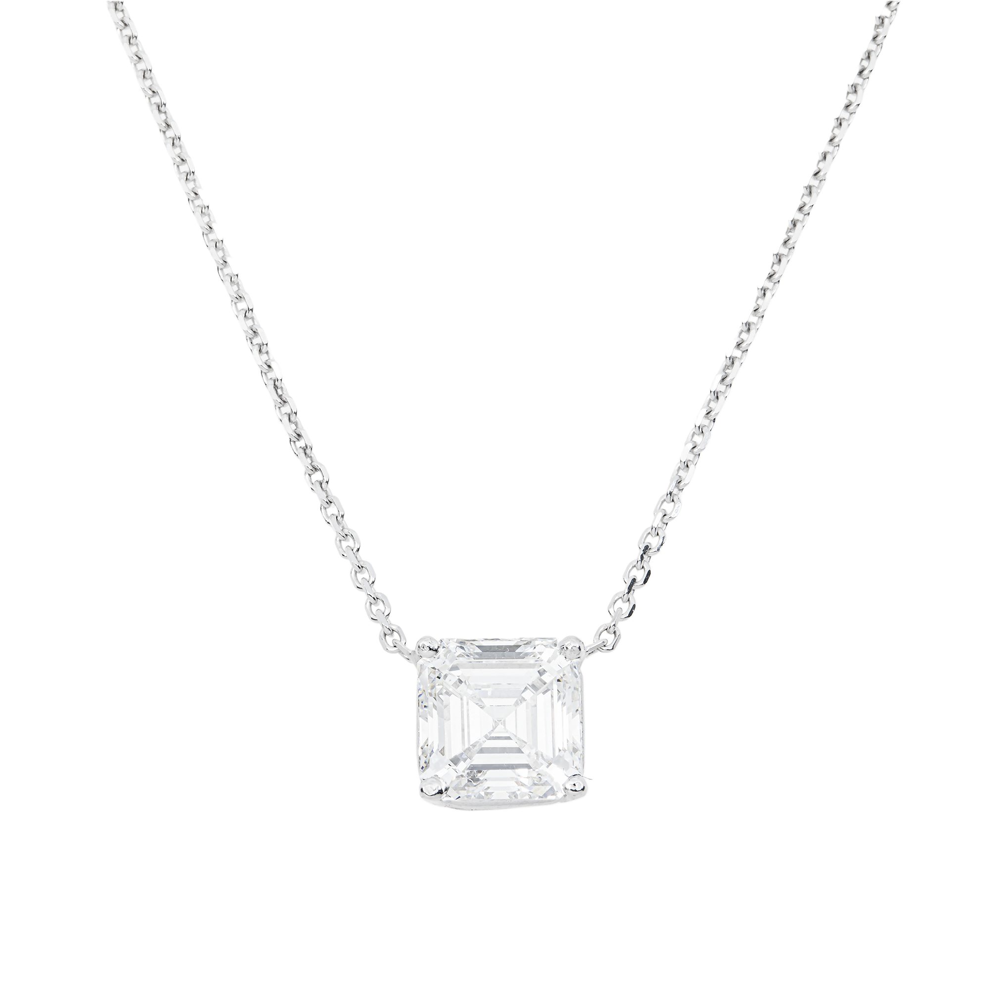 Choose Your Size - 14K White Gold IGI Asscher Diamond Solitaire Adjustable Chain Necklace (2.0ct-6.0ct total)