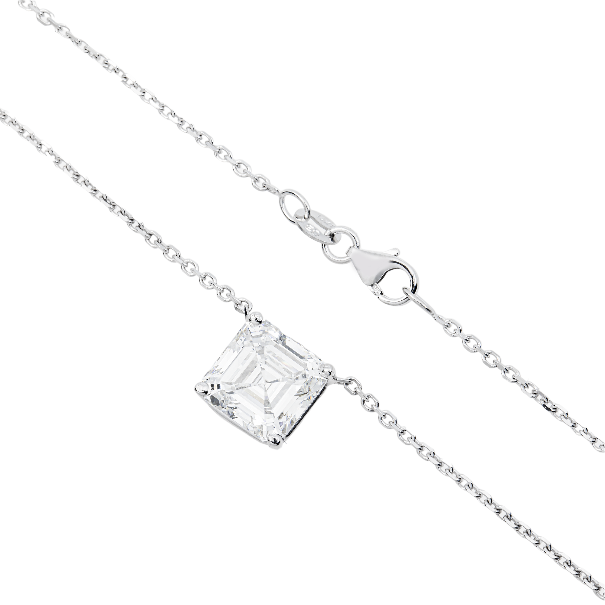Choose Your Size - 14K White Gold IGI Asscher Diamond Solitaire Adjustable Chain Necklace (2.0ct-6.0ct total)