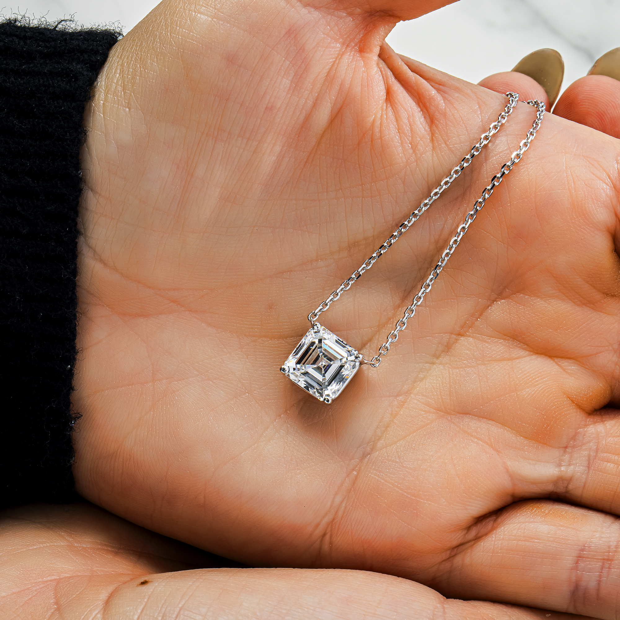 Choose Your Size - 14K White Gold IGI Asscher Diamond Solitaire Adjustable Chain Necklace (2.0ct-6.0ct total)