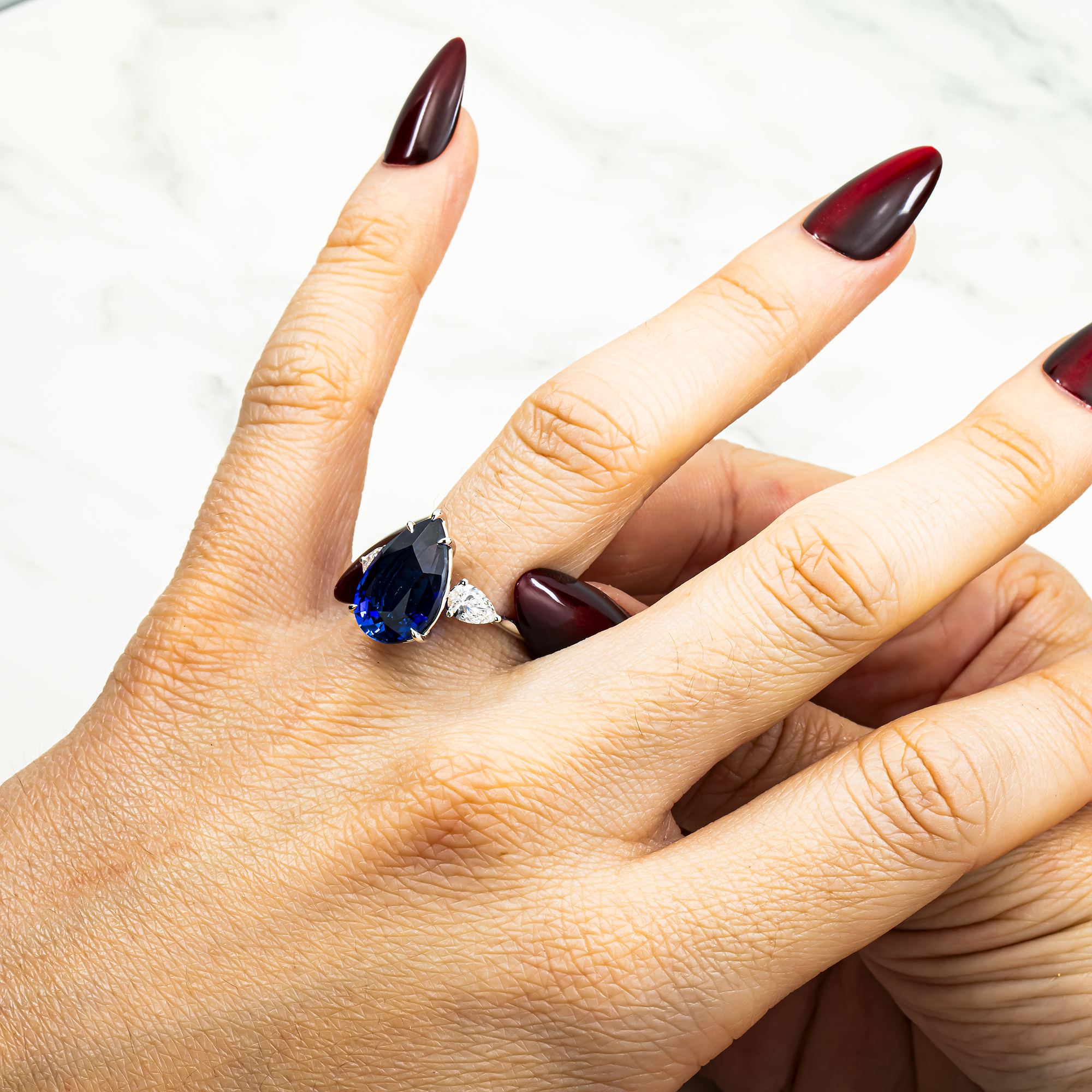 White Gold 7.68ct Triple Pear Sapphire & Diamond Ring 8.37ctw