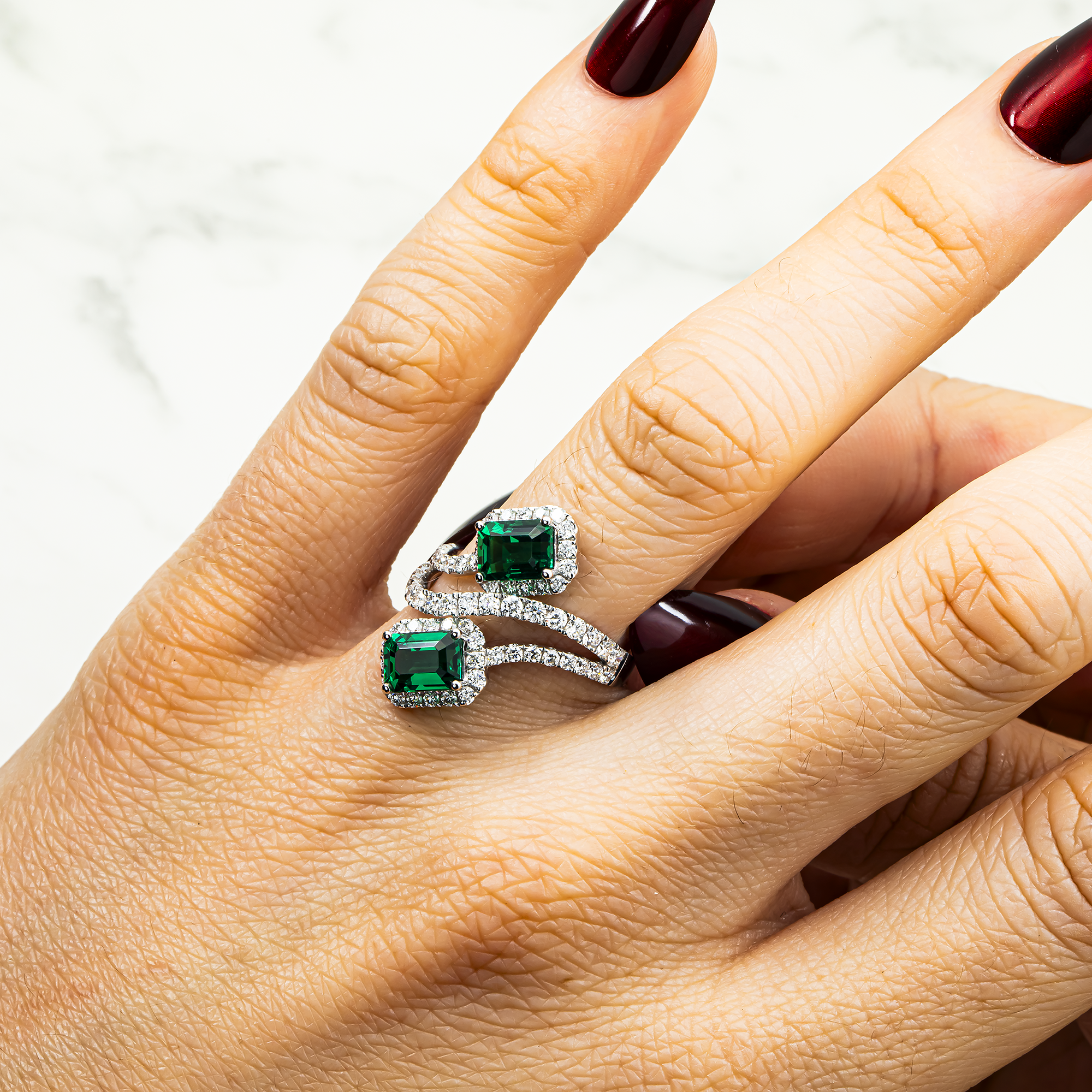 White Gold Emerald Cut Emerald & Round Diamond Wrap Ring 3.31ct