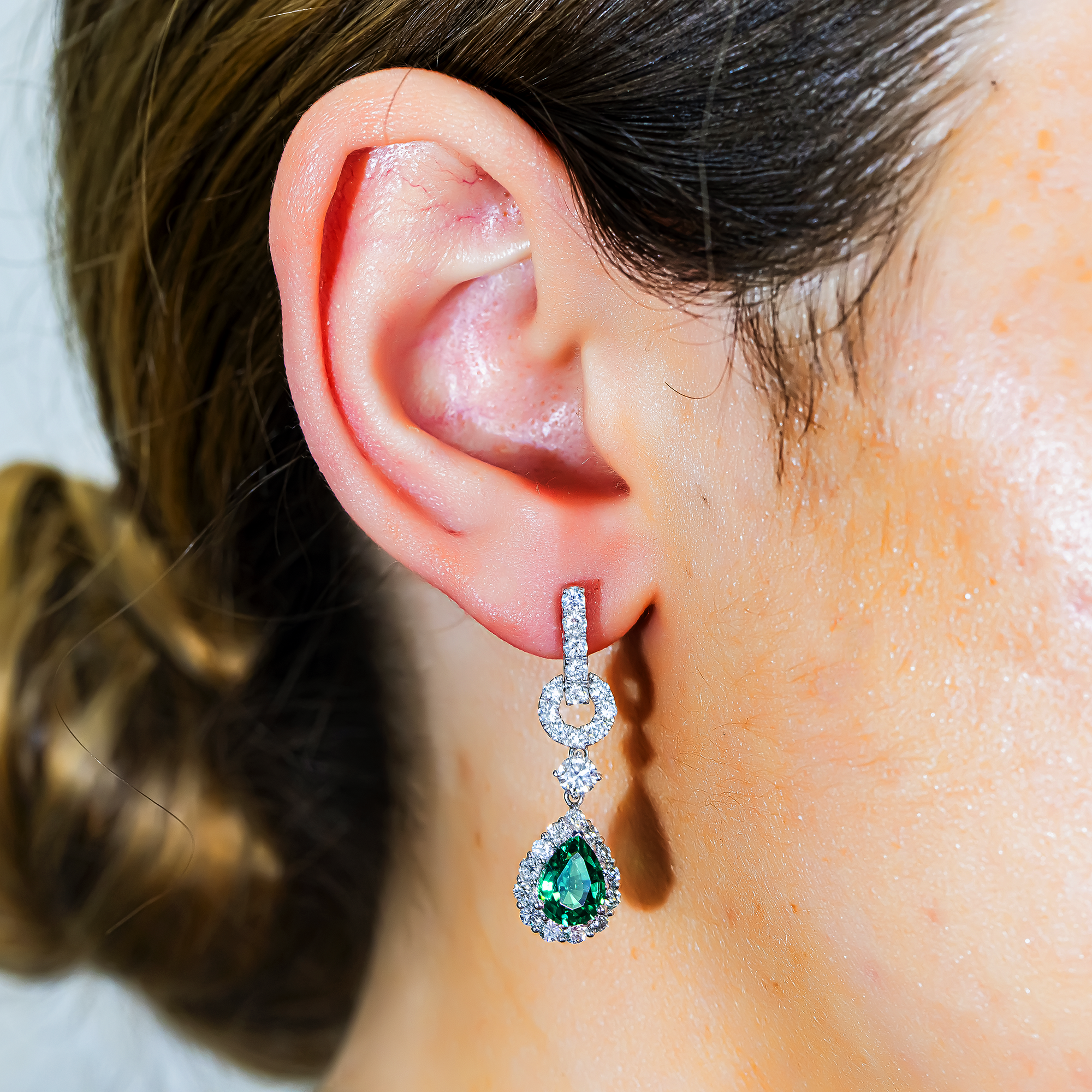 White Gold Pear Cut Emerald & Round Diamond Drop Earrings 5.63ctw