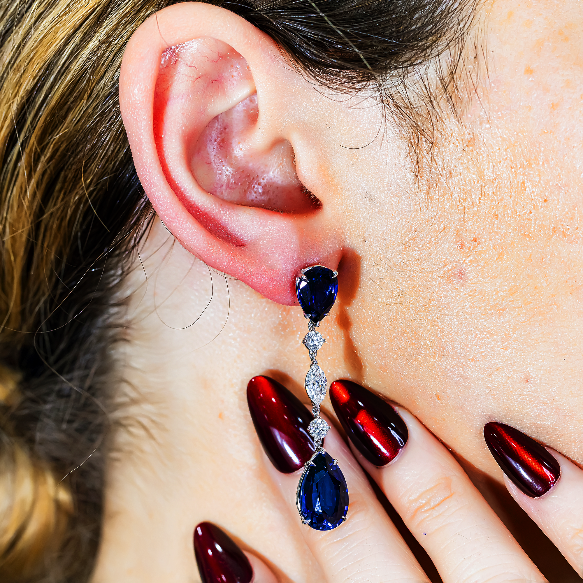 White Gold Pear Cut Sapphire & Multi Cut Diamond Drop Earrings 24.98ctw