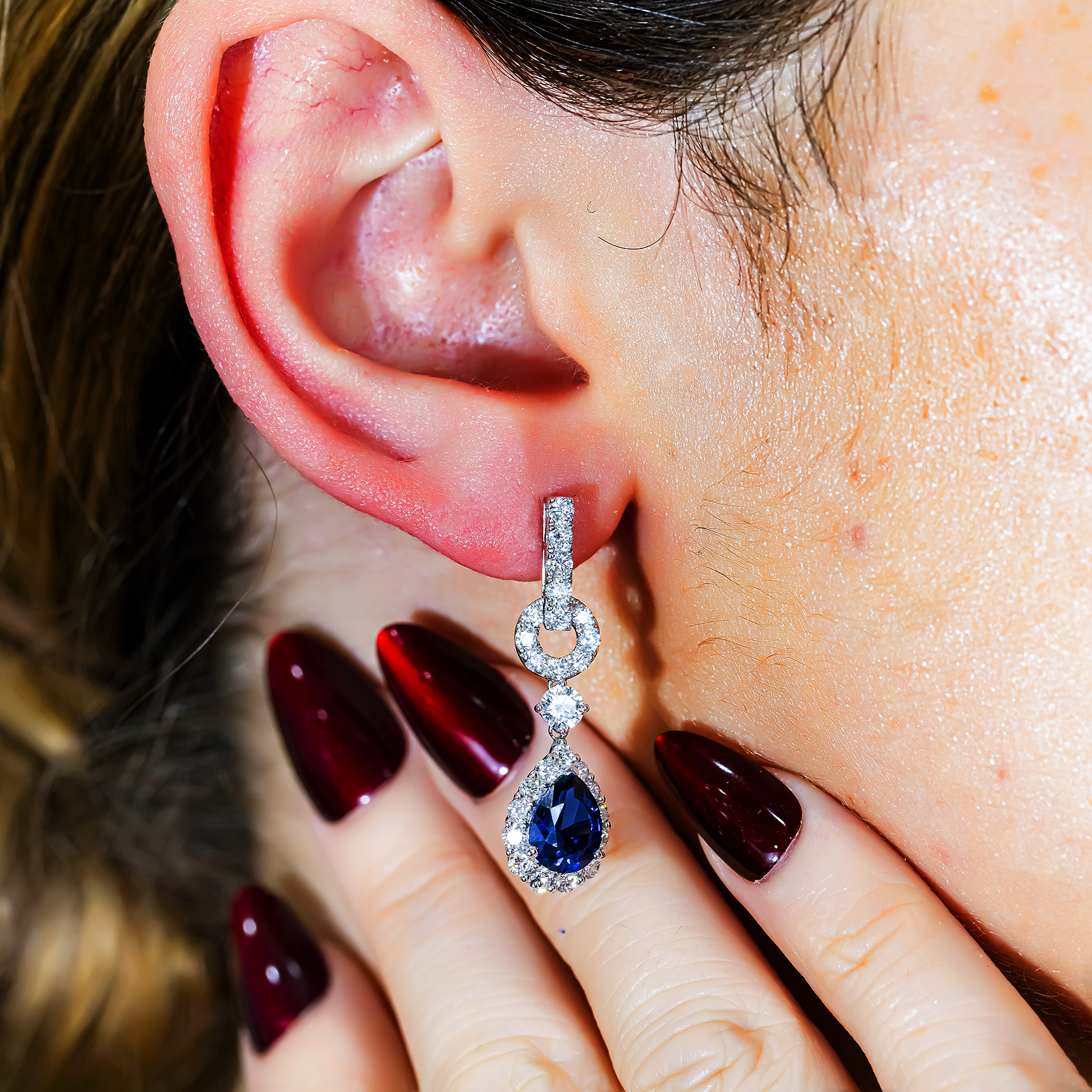White Gold Pear Cut Sapphire & Round Diamond Drop Earrings 6.50ctw