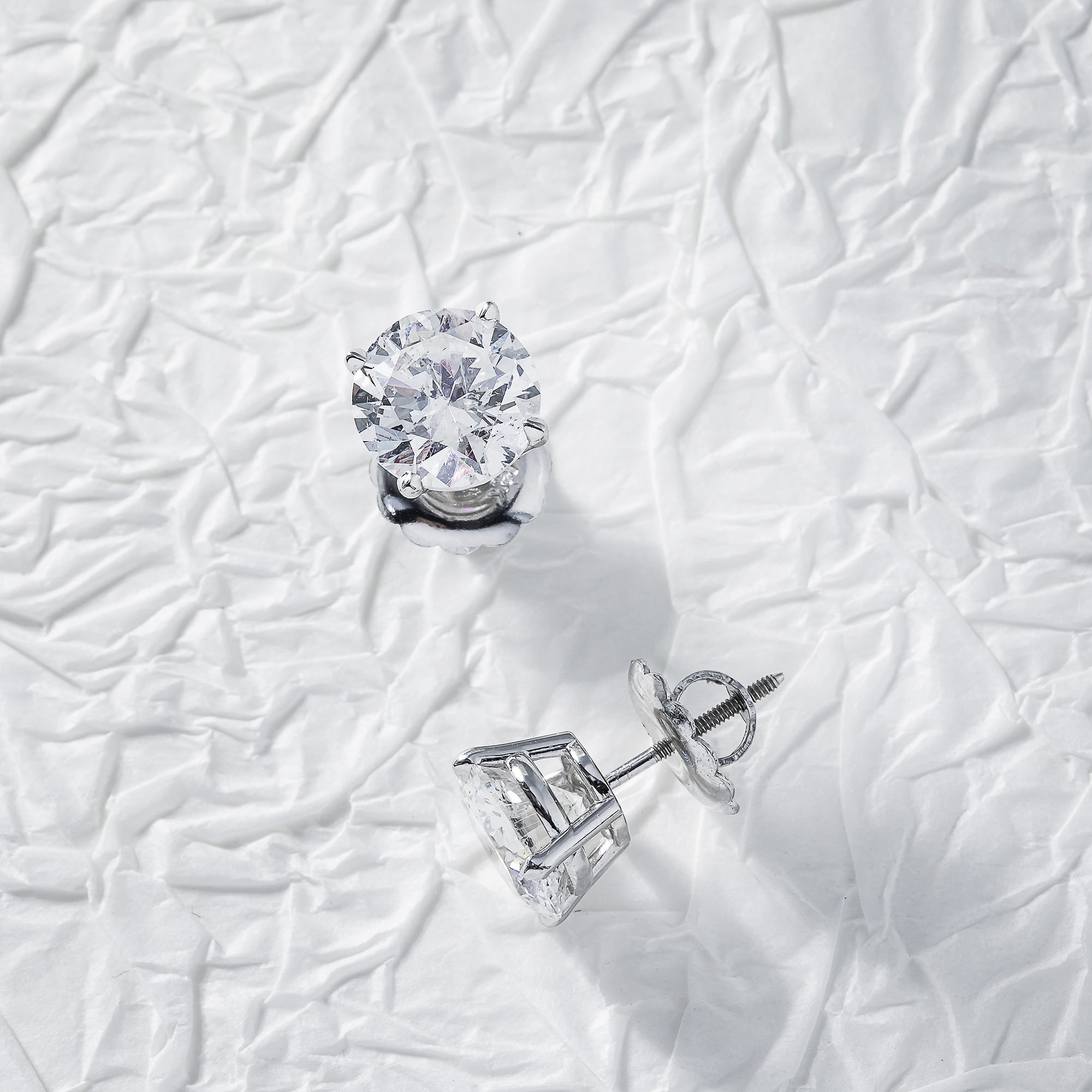 14K White Gold 2Ct Each Solitaire Round Diamond Stud Earrings 4.0Ct