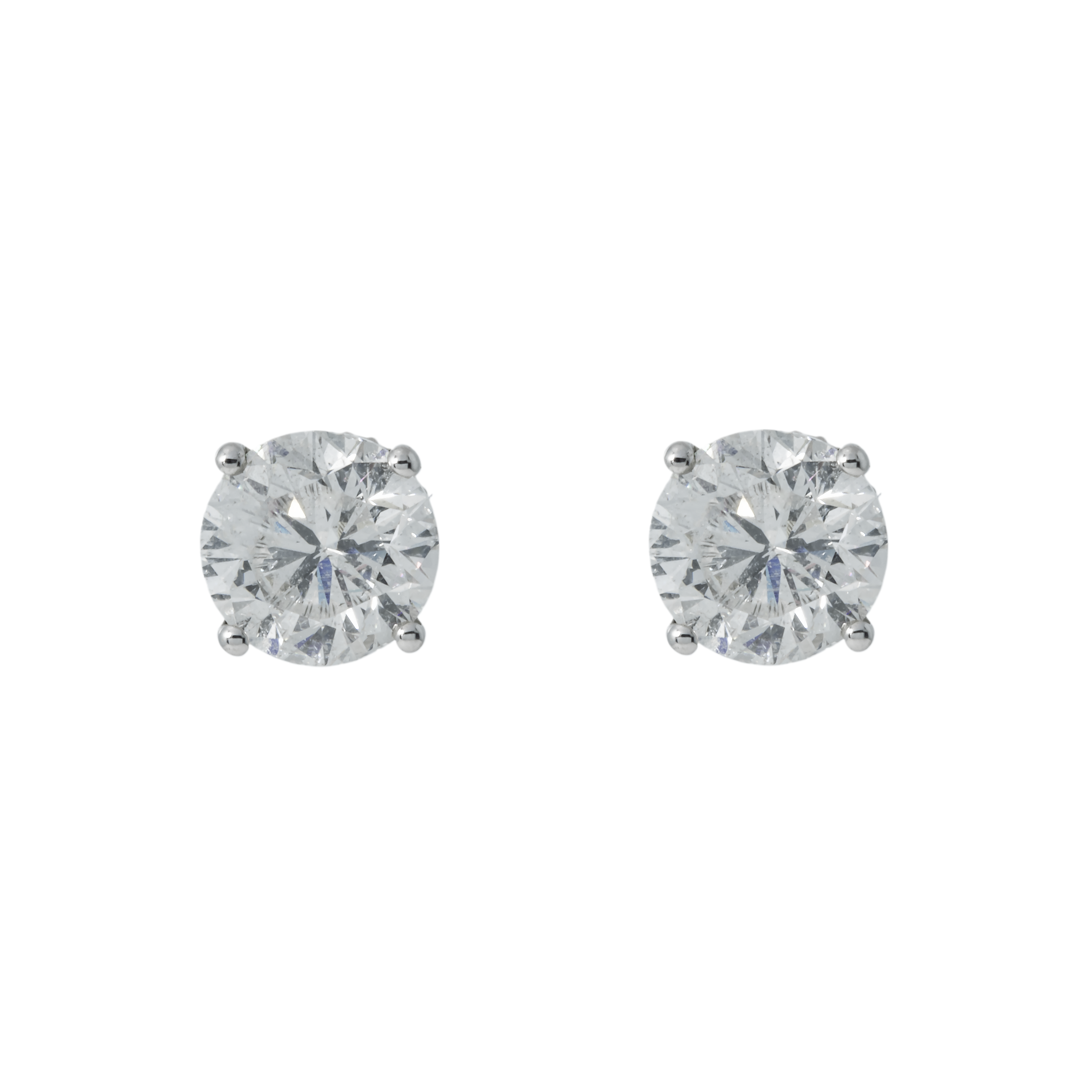 14K White Gold 2Ct Each Solitaire Round Diamond Stud Earrings 4.0Ctw