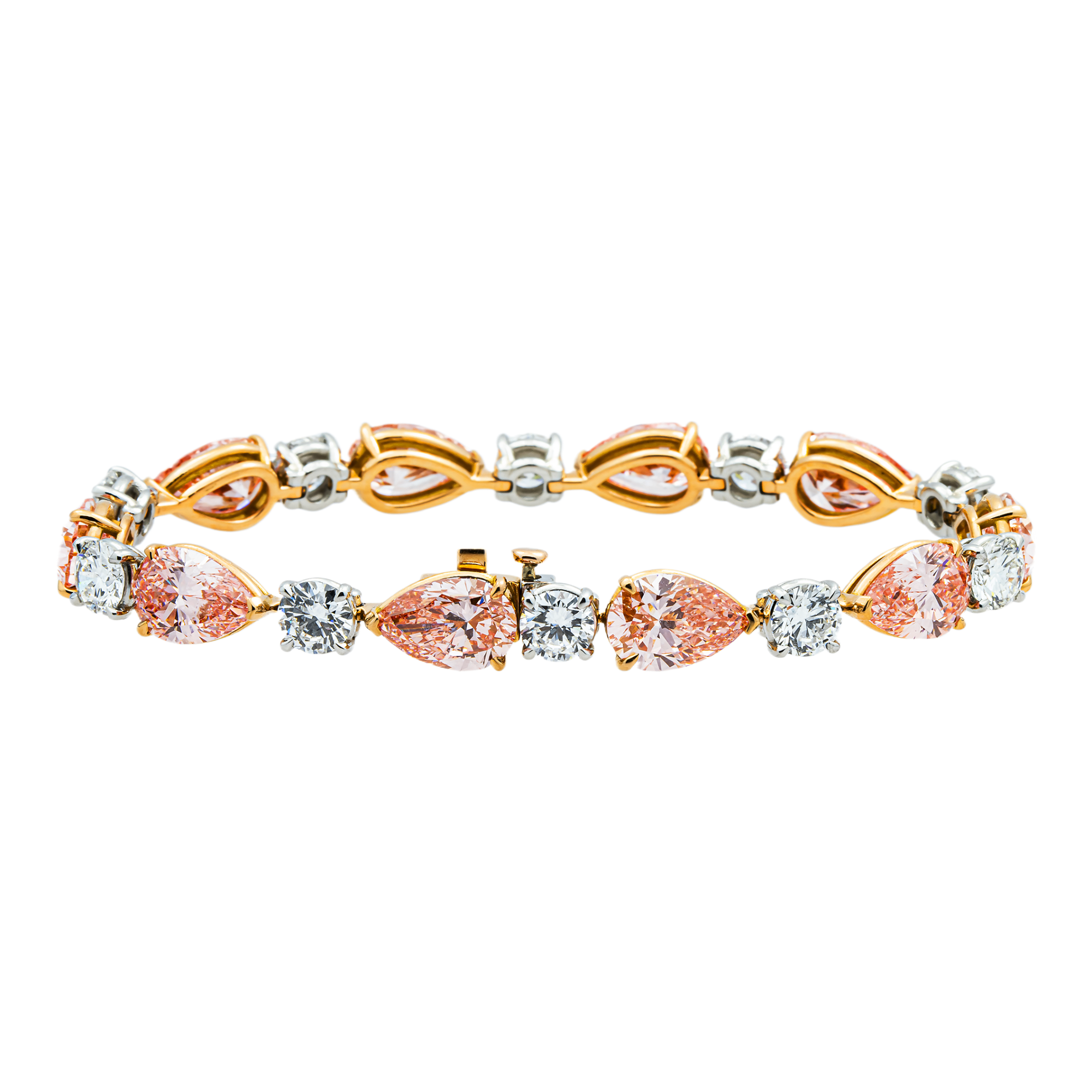 IGI Platinum & 18K Rose Gold Pear Cut Fancy Pink & Round Diamond Bracelet 26.11ct