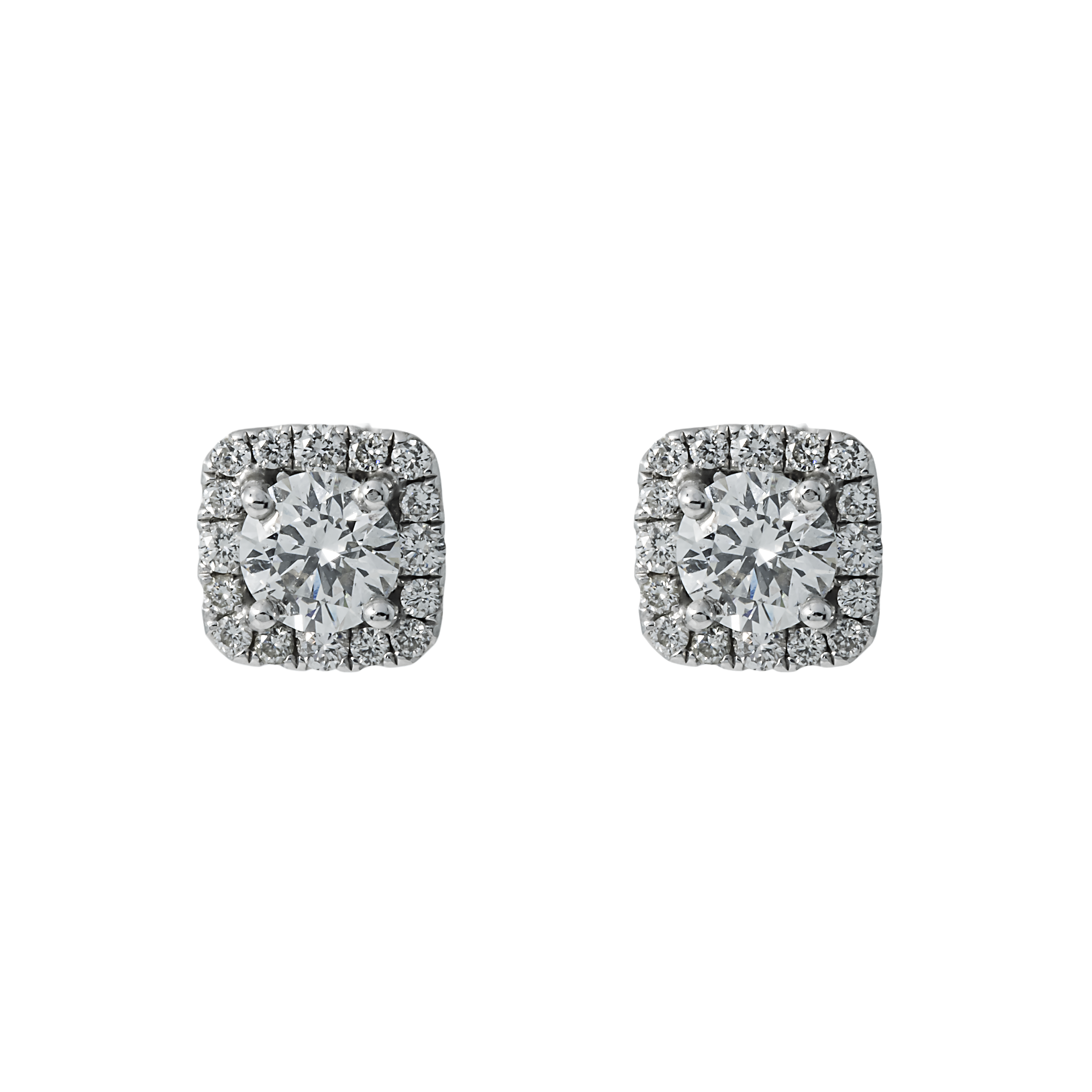 18K White Gold Square Shape Round Cut Diamond Cluster Stud Earrings 1.32Ctw
