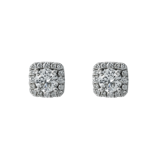 18K White Gold Square Shape Round Cut Diamond Cluster Stud Earrings 1.32ctw