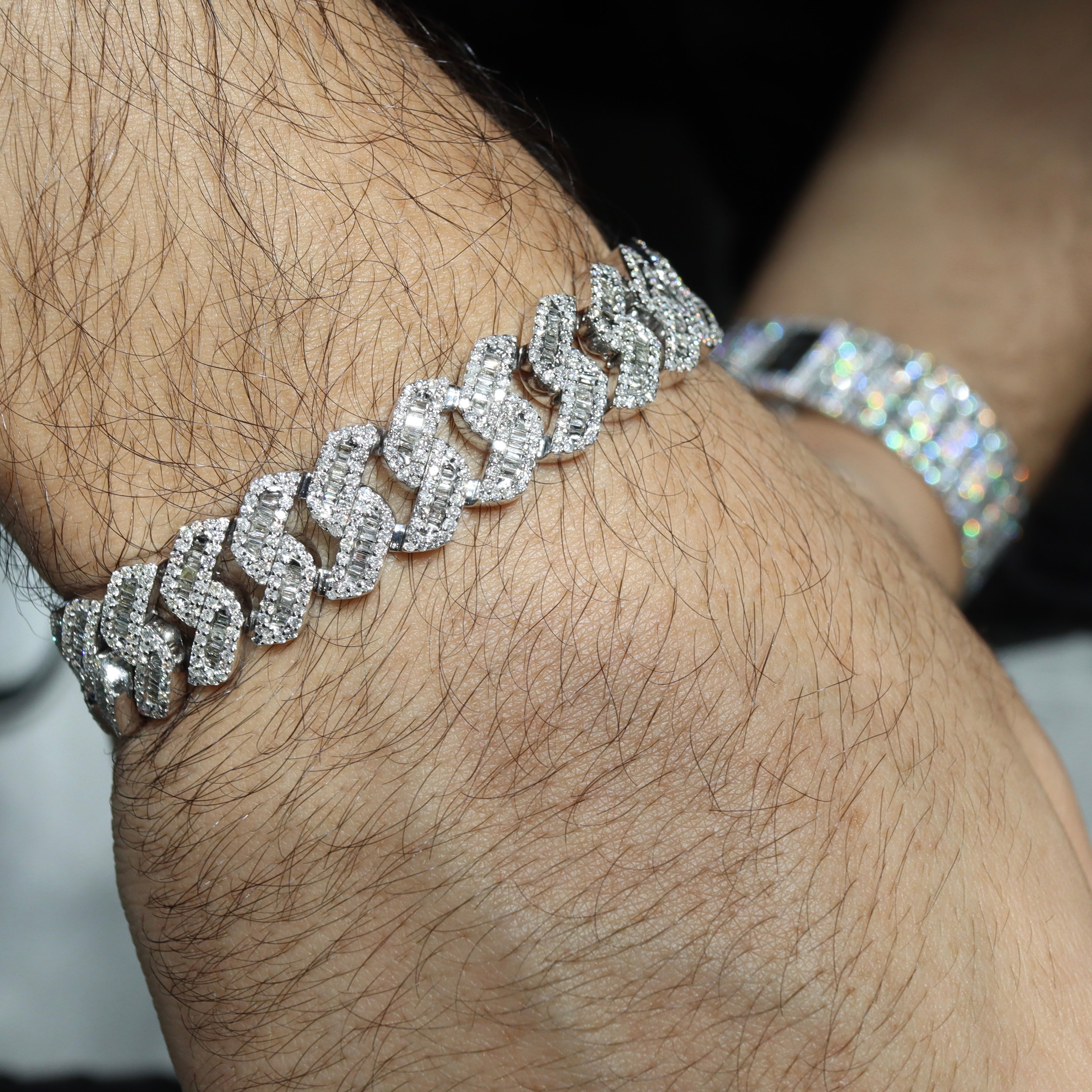Elegant 14K White Gold 13mm Baguette Diamond Cuban Link Bracelet