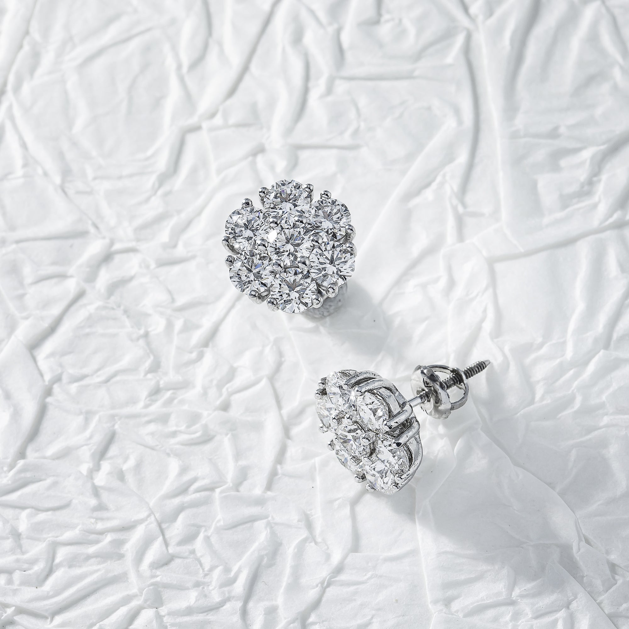 14K White Gold Round Diamond Cluster Stud Earrings 3.55Ctw