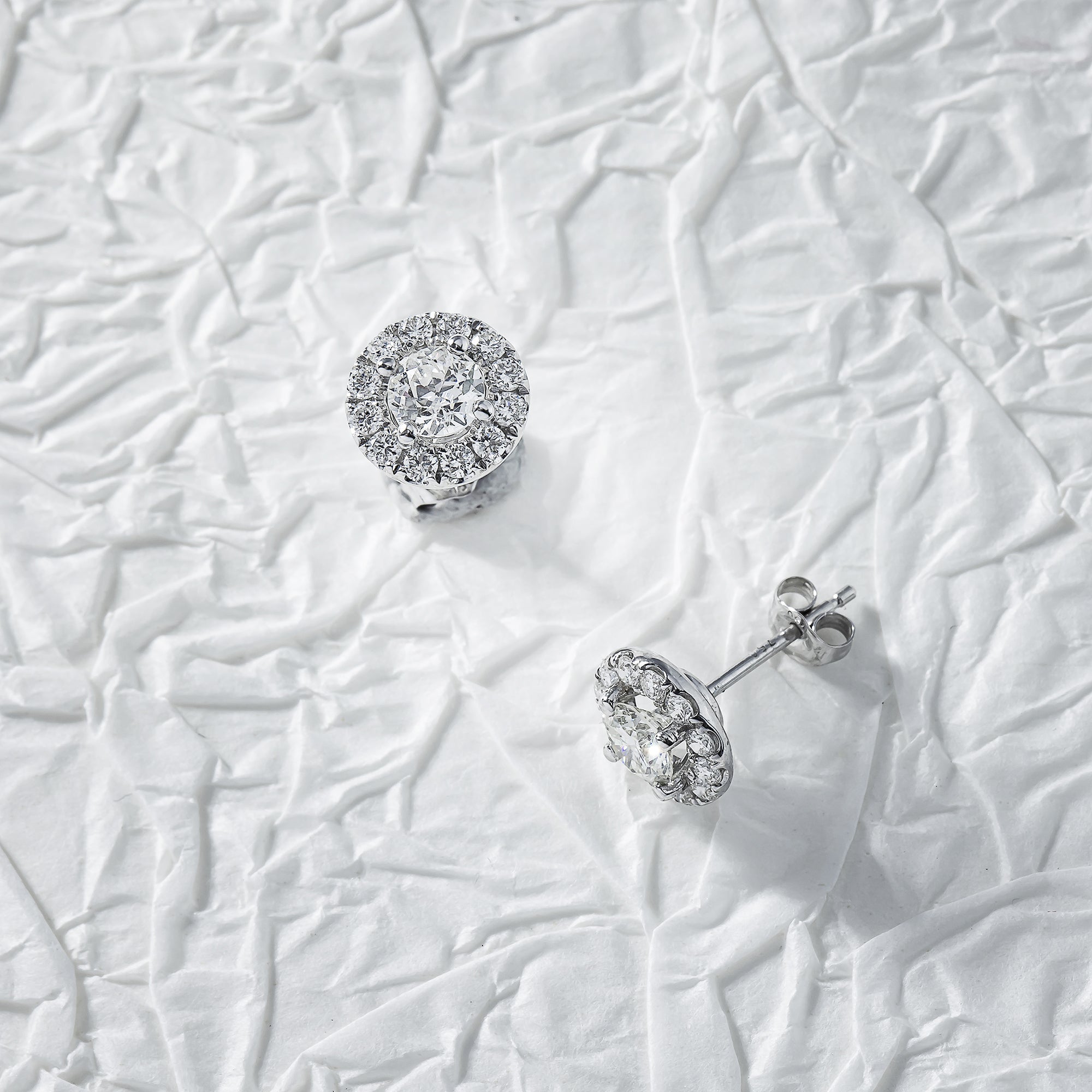 18K White Gold Round Diamond Halo Stud Earrings 1.35Ctw