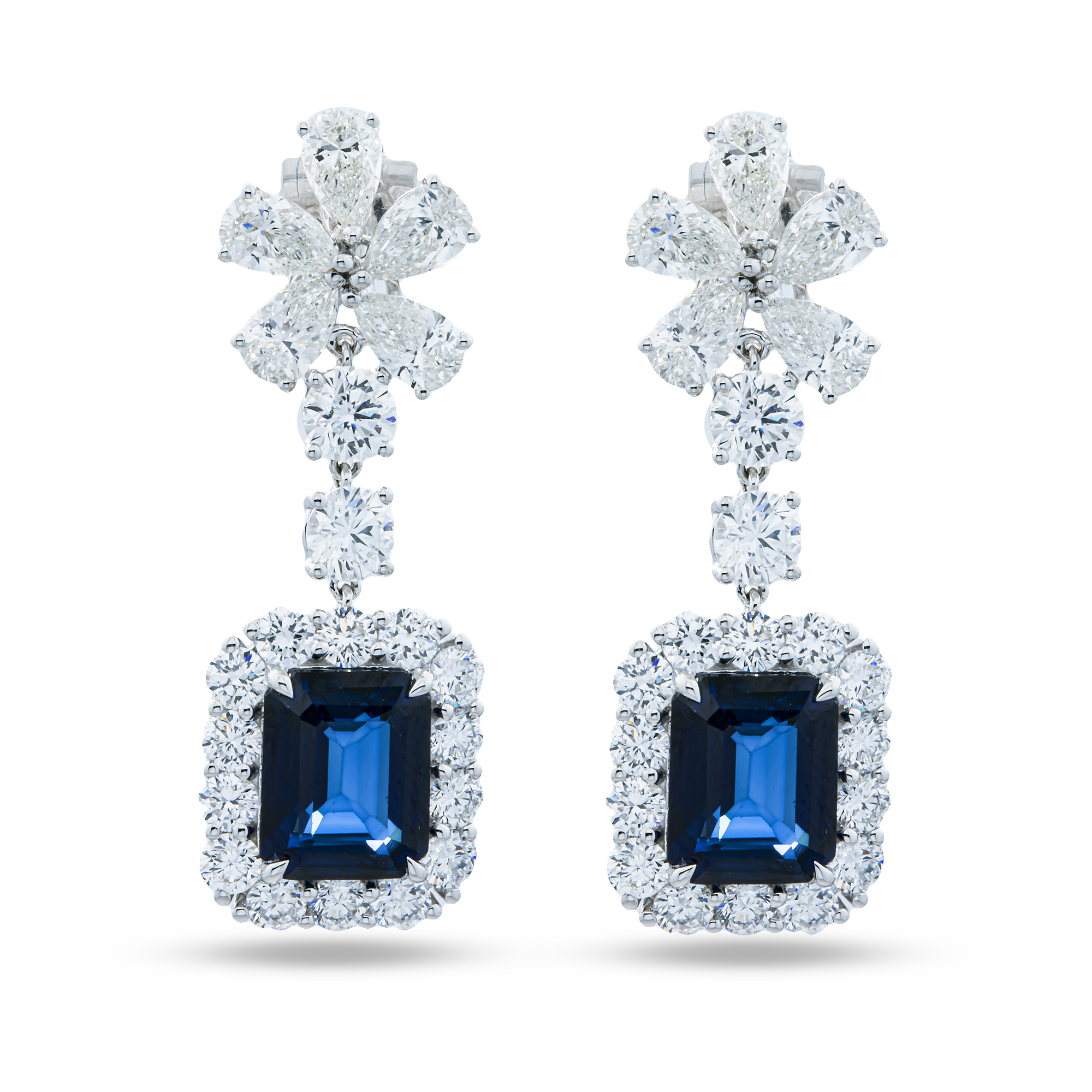 White Gold Emerald Sapphire & Multi Cut Diamond Drop Earrings 15.27ctw