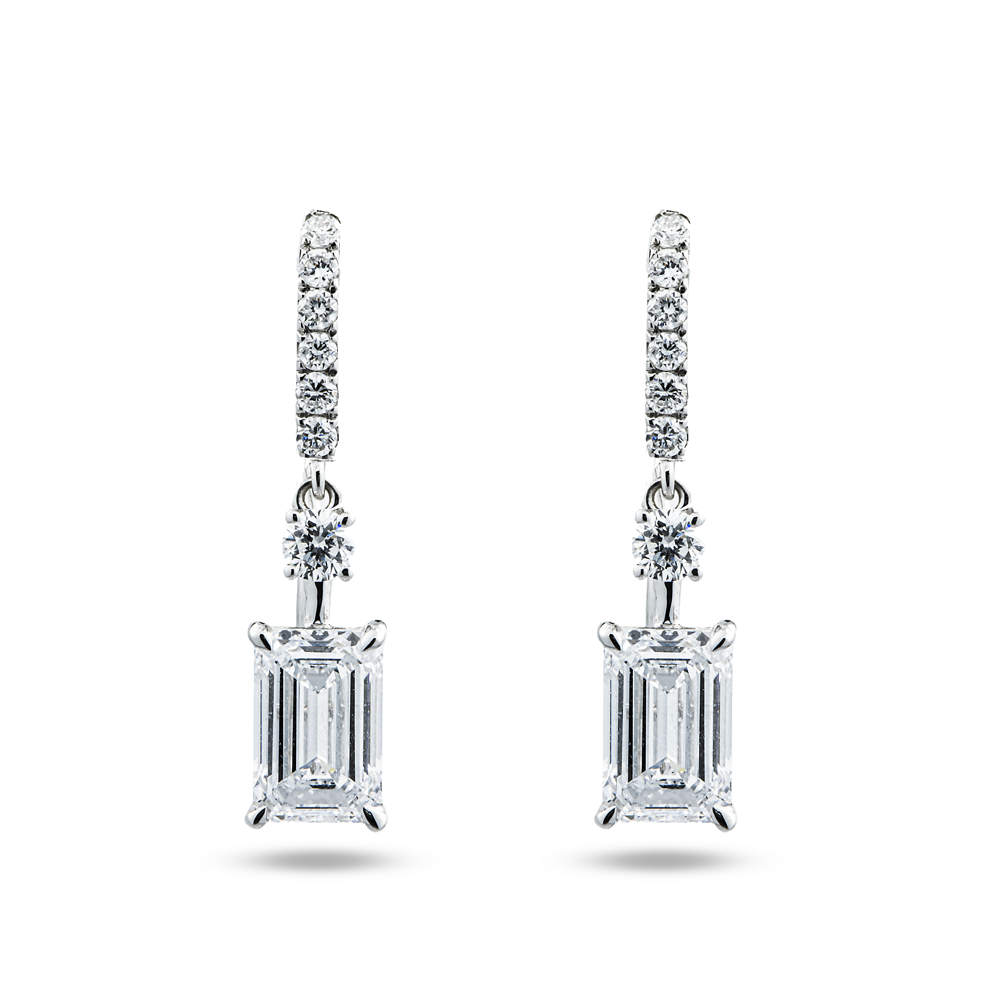 White Gold Round & Emerald Cut Diamond Drop Earrings 2.11ctw