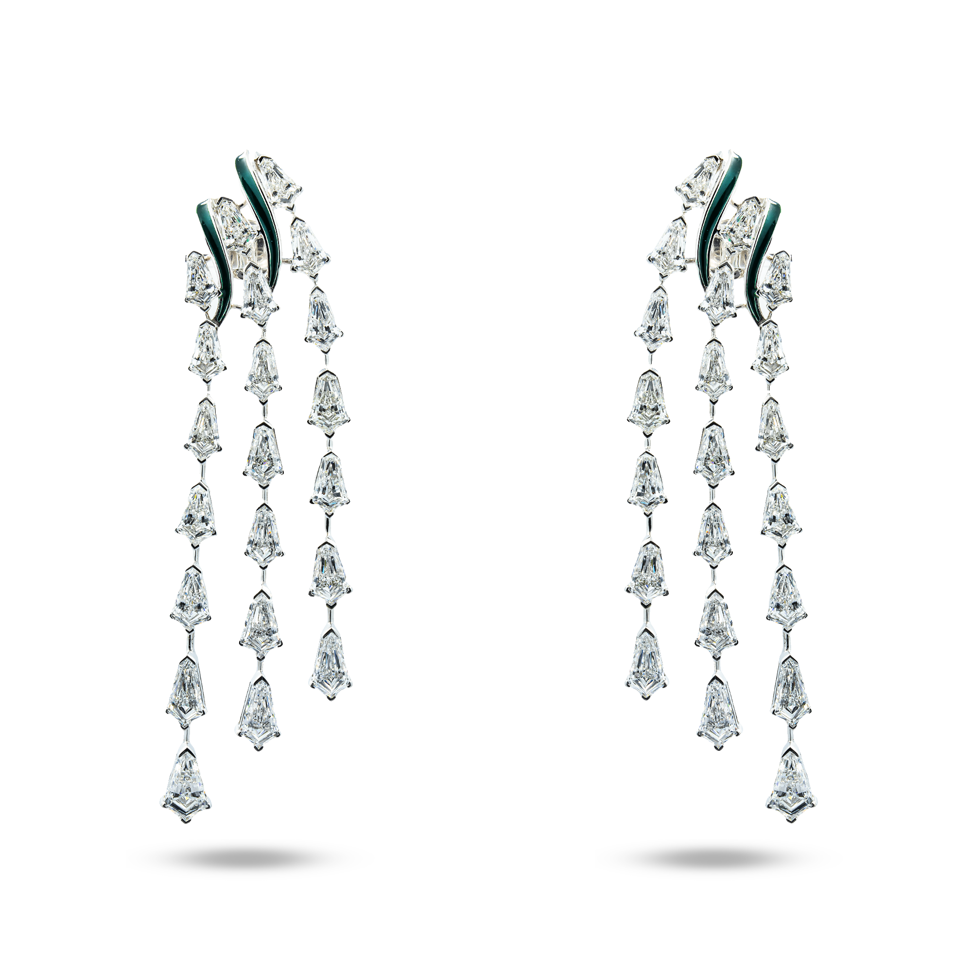 14K White Gold Step Cut Kite Diamond Chandelier Falling Rain Drop Earrings 18.18ctw