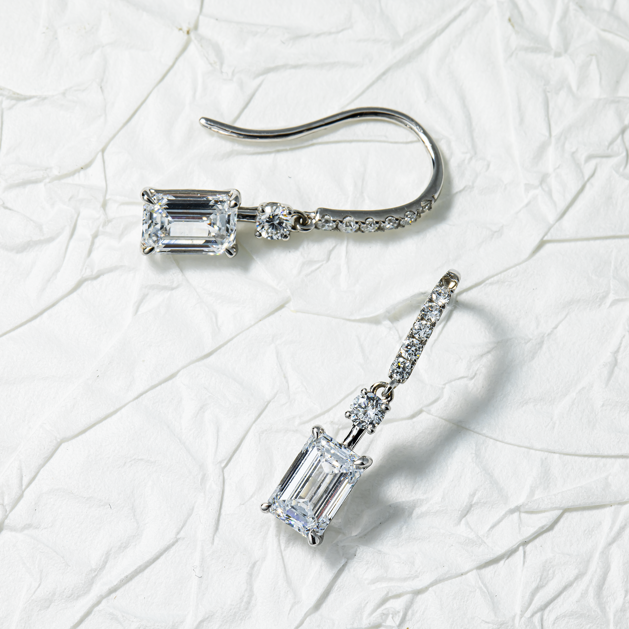 White Gold Round & Emerald Cut Diamond Drop Earrings 2.11ctw