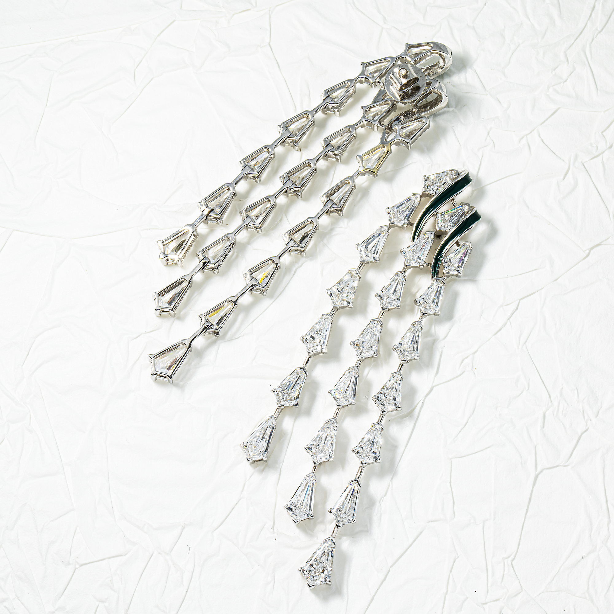 14K White Gold Step Cut Kite Diamond Chandelier Falling Rain Drop Earrings 18.18ctw