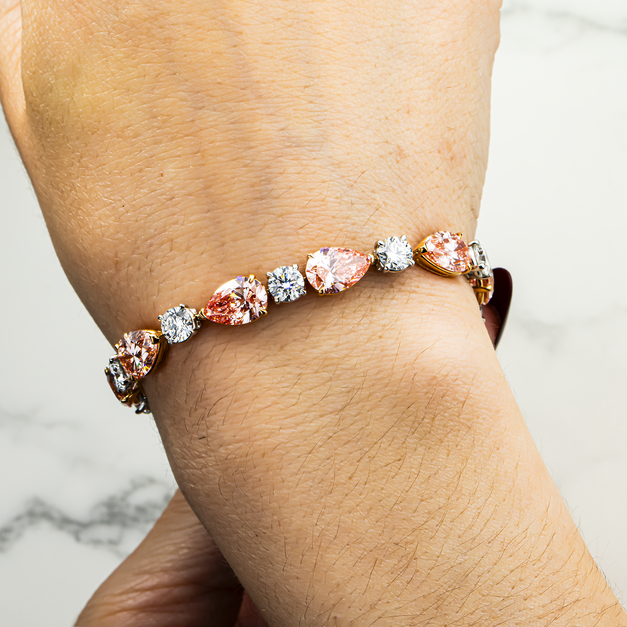 IGI Platinum & 18K Rose Gold Pear Cut Fancy Pink & Round Diamond Bracelet 26.11ct