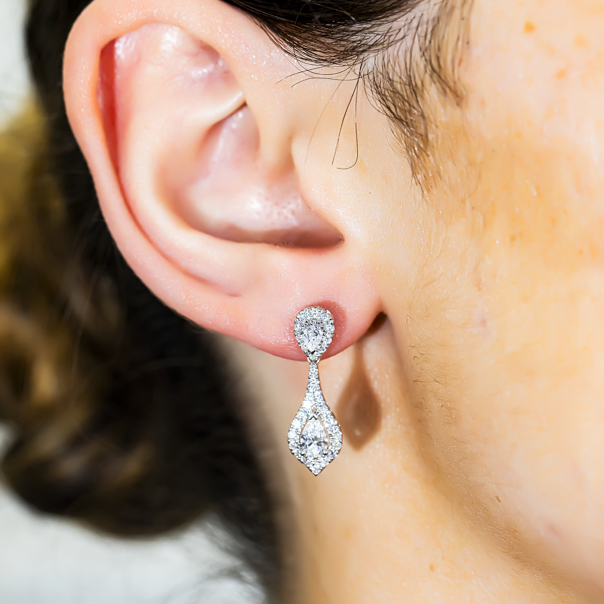 White Gold Round & Pear Cut Diamond Drop Earrings 1.64ctw