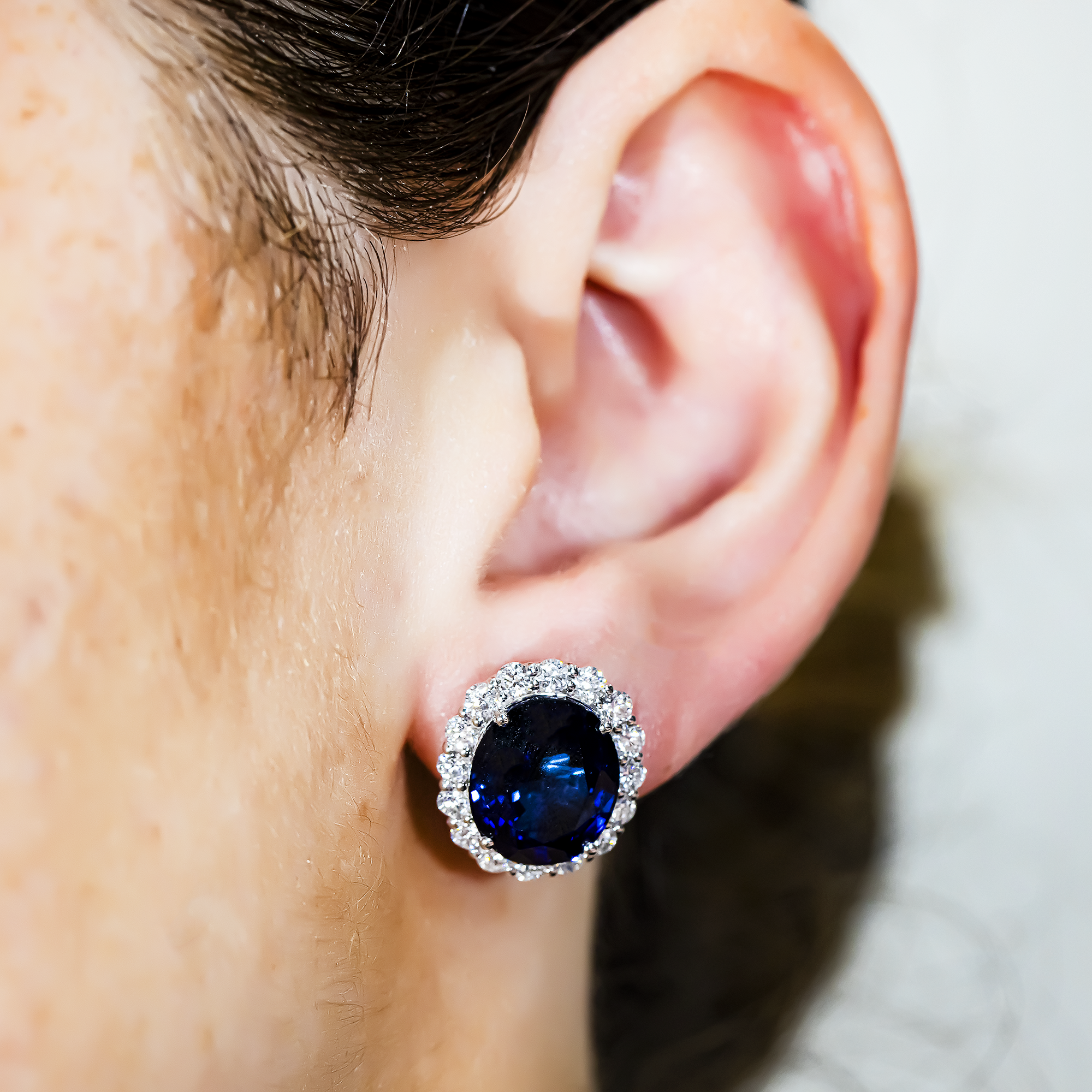 White Gold Oval Cut Sapphire & Round Diamond Stud Earrings 14.59ctw