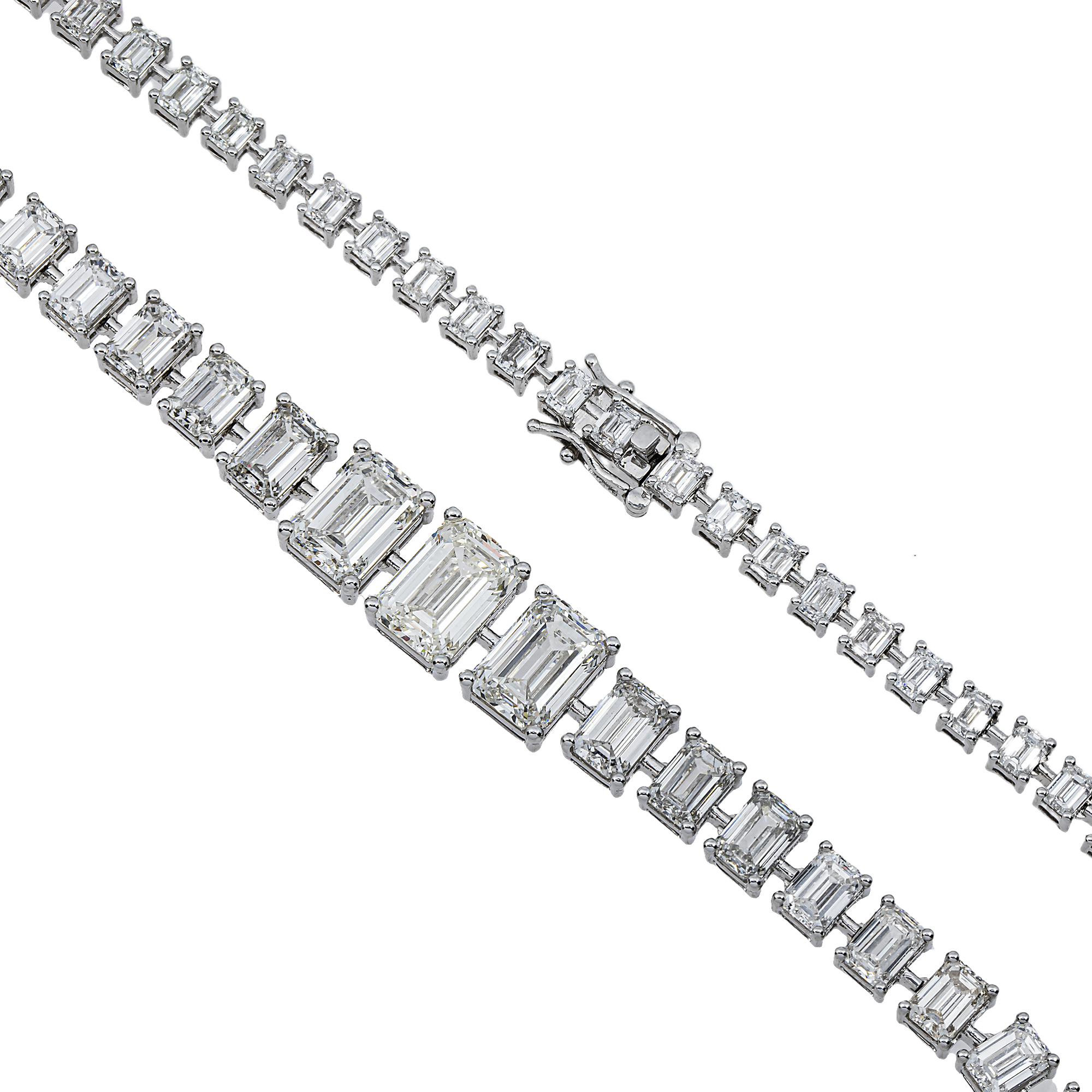 14K White Gold Graduated Emerald Diamond Tennis Chain 32.52ct