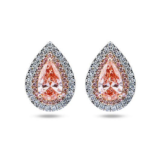 14K Two Tone Fancy Pink Pear Cut Diamond Stud Earrings W/ Halo 2.98ctw