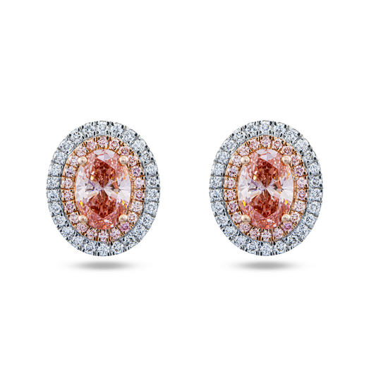 14K Two Tone Fancy Pink Oval Cut Diamond Stud Earrings W/ Halo 2.88ctw
