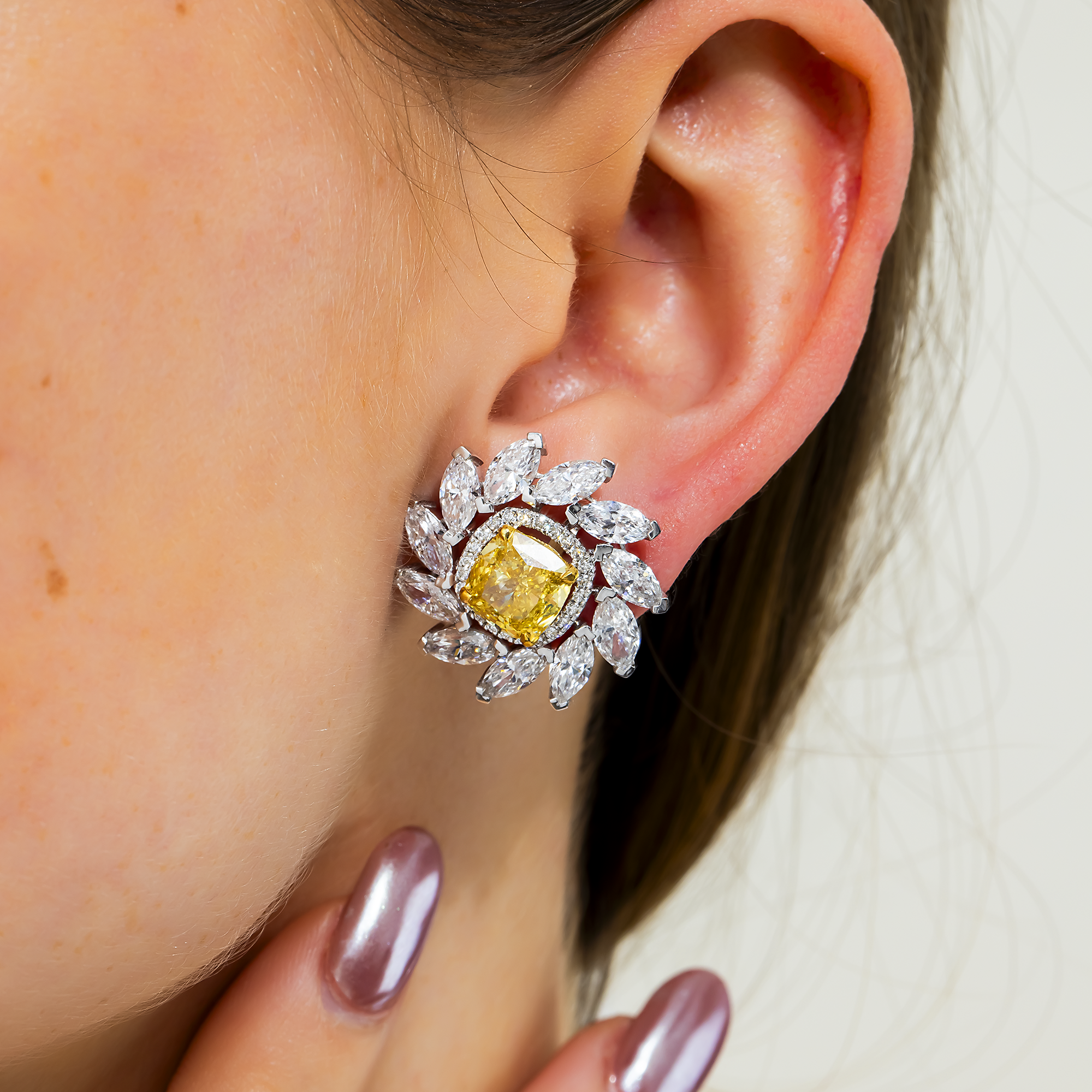 IGI 14K Fancy Yellow Cushion & Marquise Diamond Cluster Stud Earrings 11.06ctw
