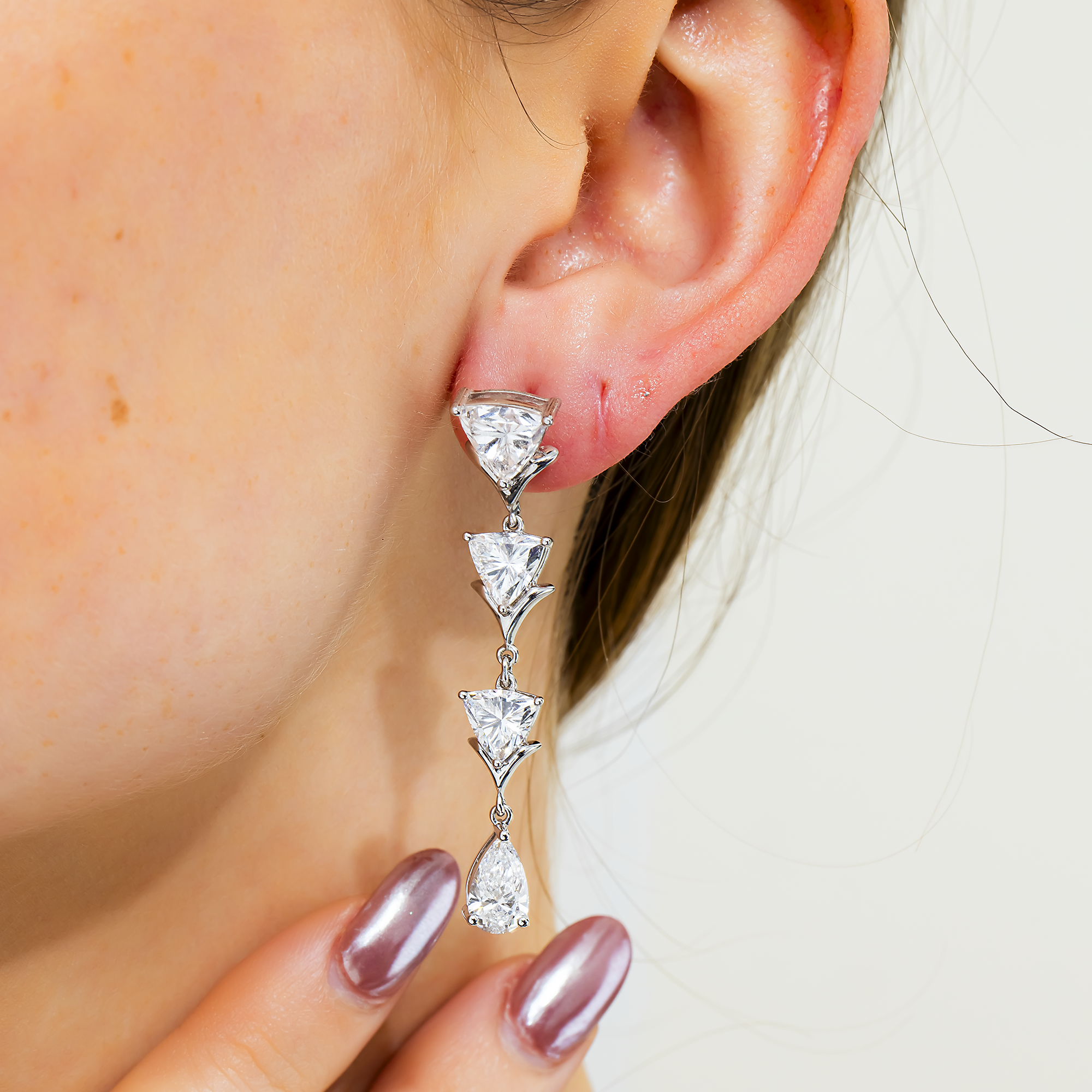 14K White Gold Trillion & Pear Diamond Drop Earrings 8.86ctw