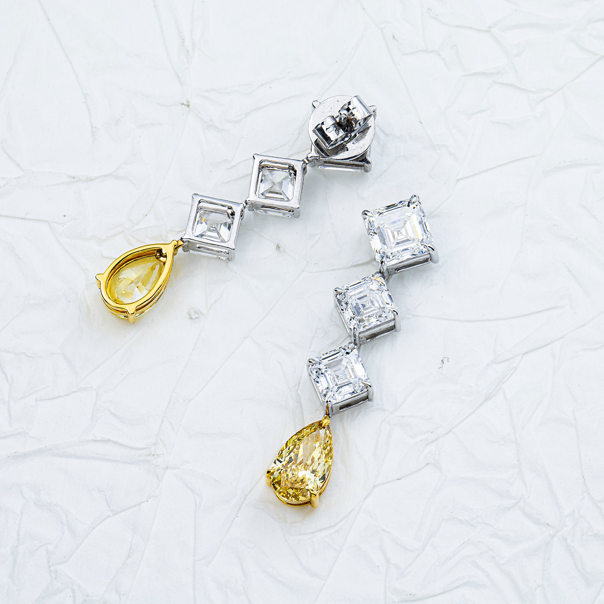 IGI 14K White Gold Asscher & Fancy Yellow Pear Diamond Drop Earrings 10.01ctw
