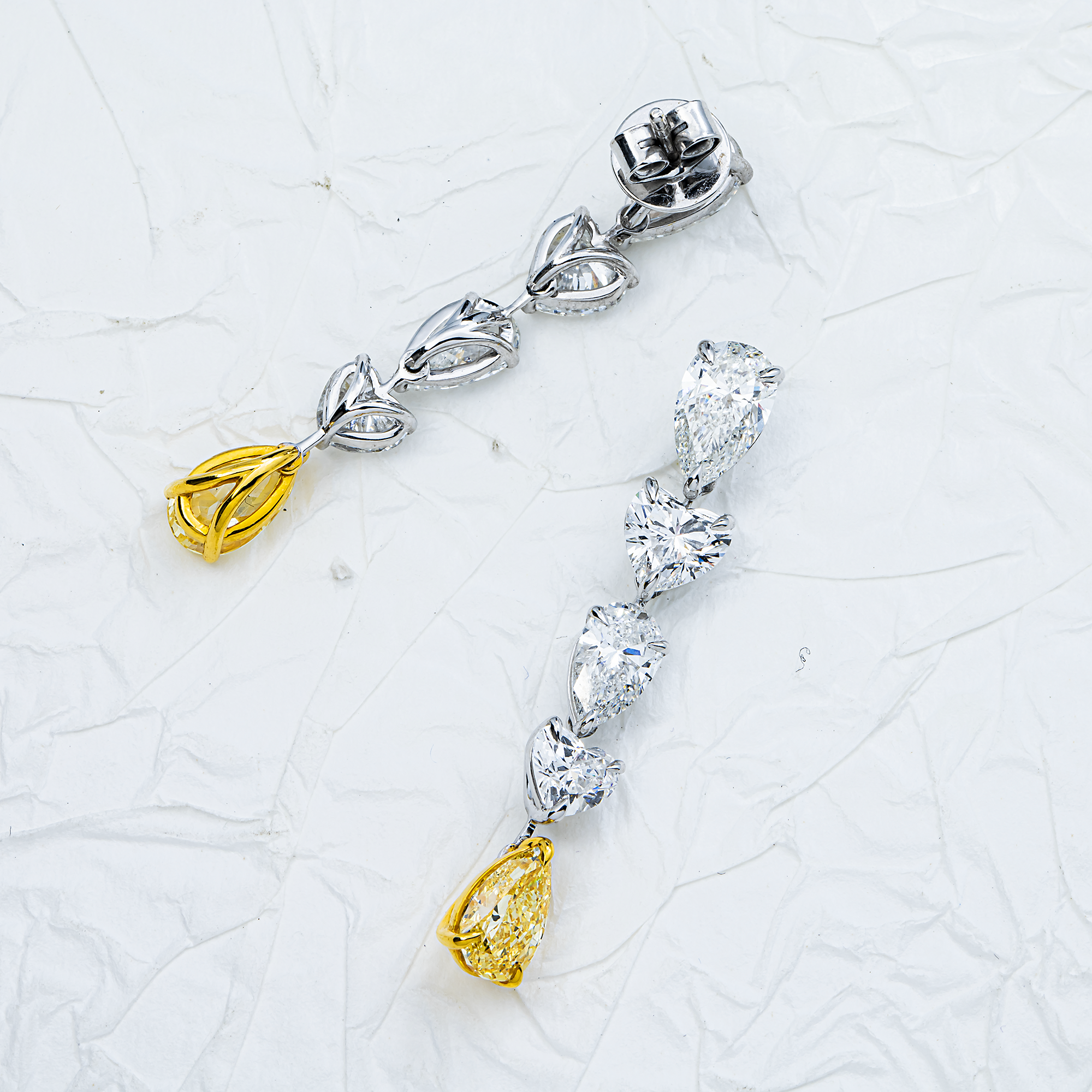 14K White Gold Fancy Yellow Pear & Heart Diamond Drop Earrings 8.18ctw