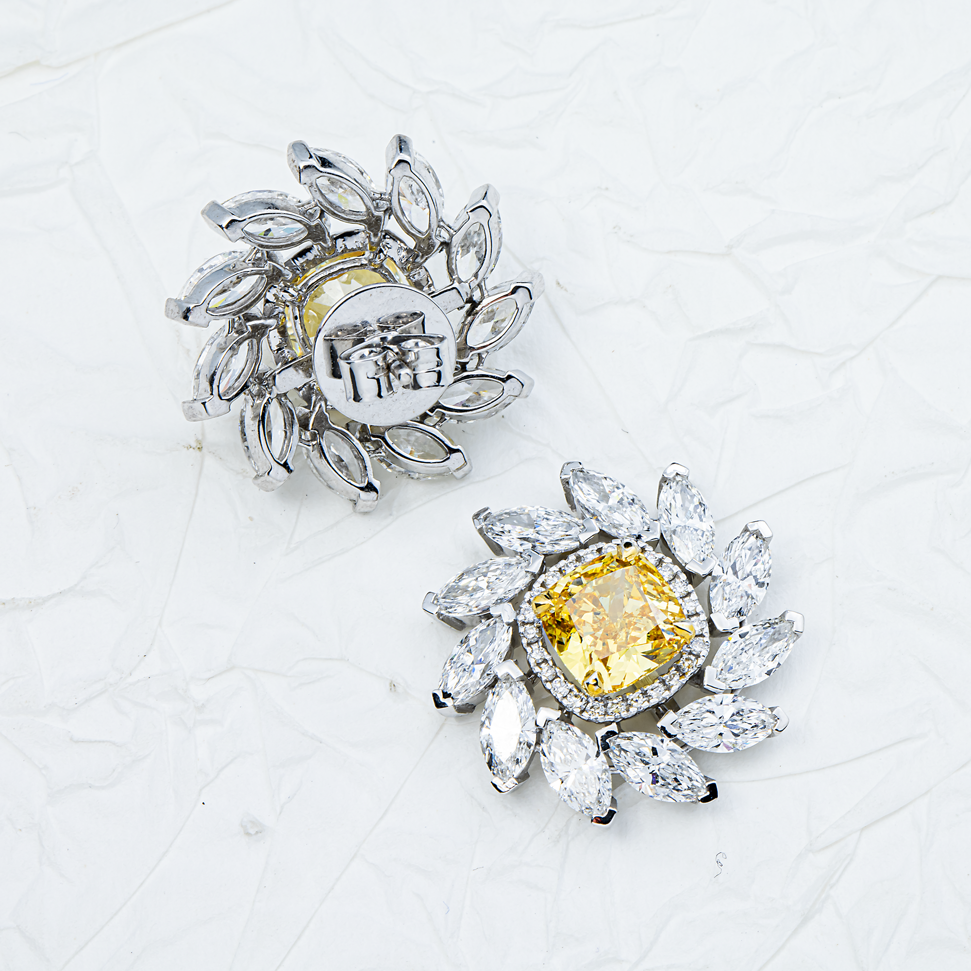 IGI 14K Fancy Yellow Cushion & Marquise Diamond Cluster Stud Earrings 11.06ctw