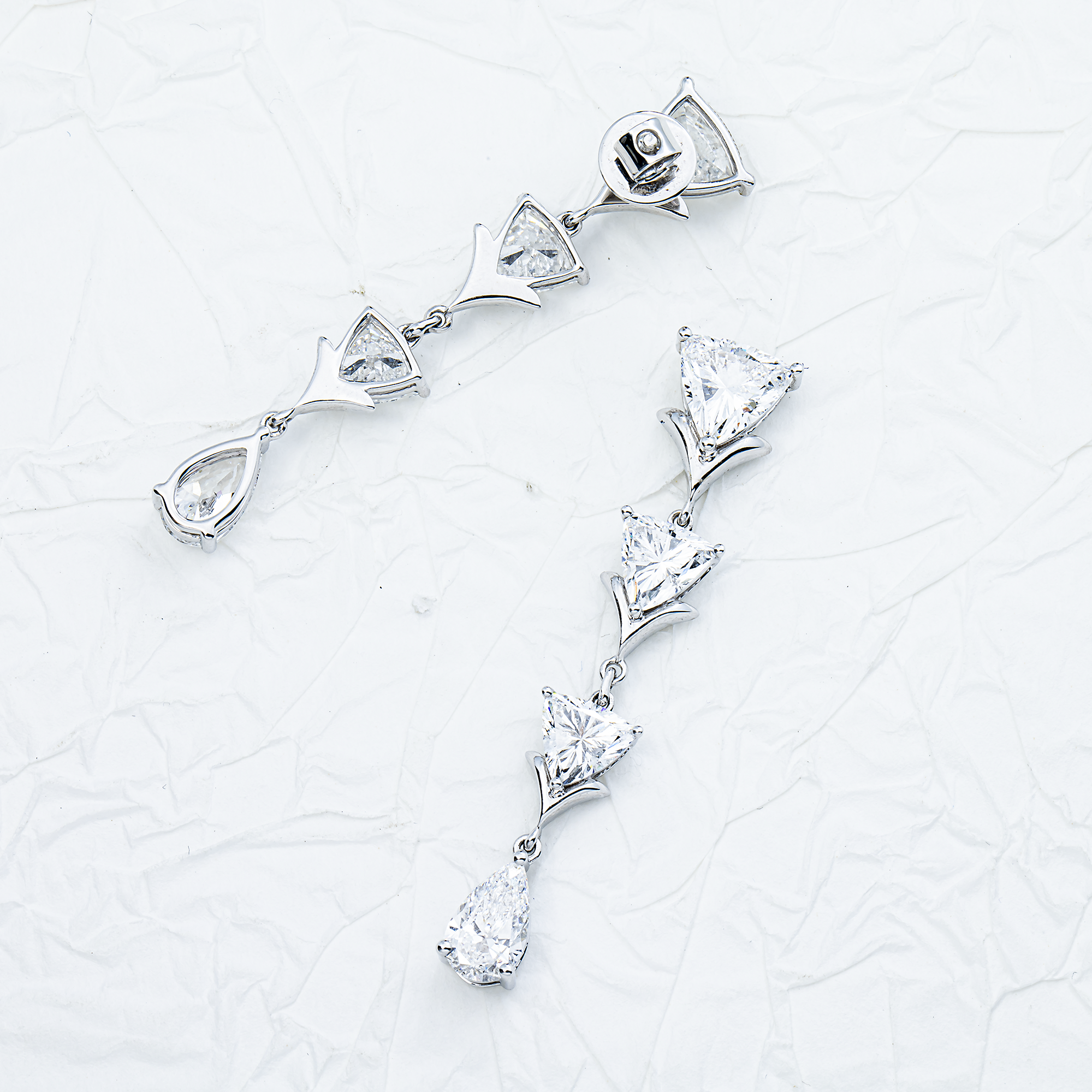 14K White Gold Trillion & Pear Diamond Drop Earrings 8.86ctw