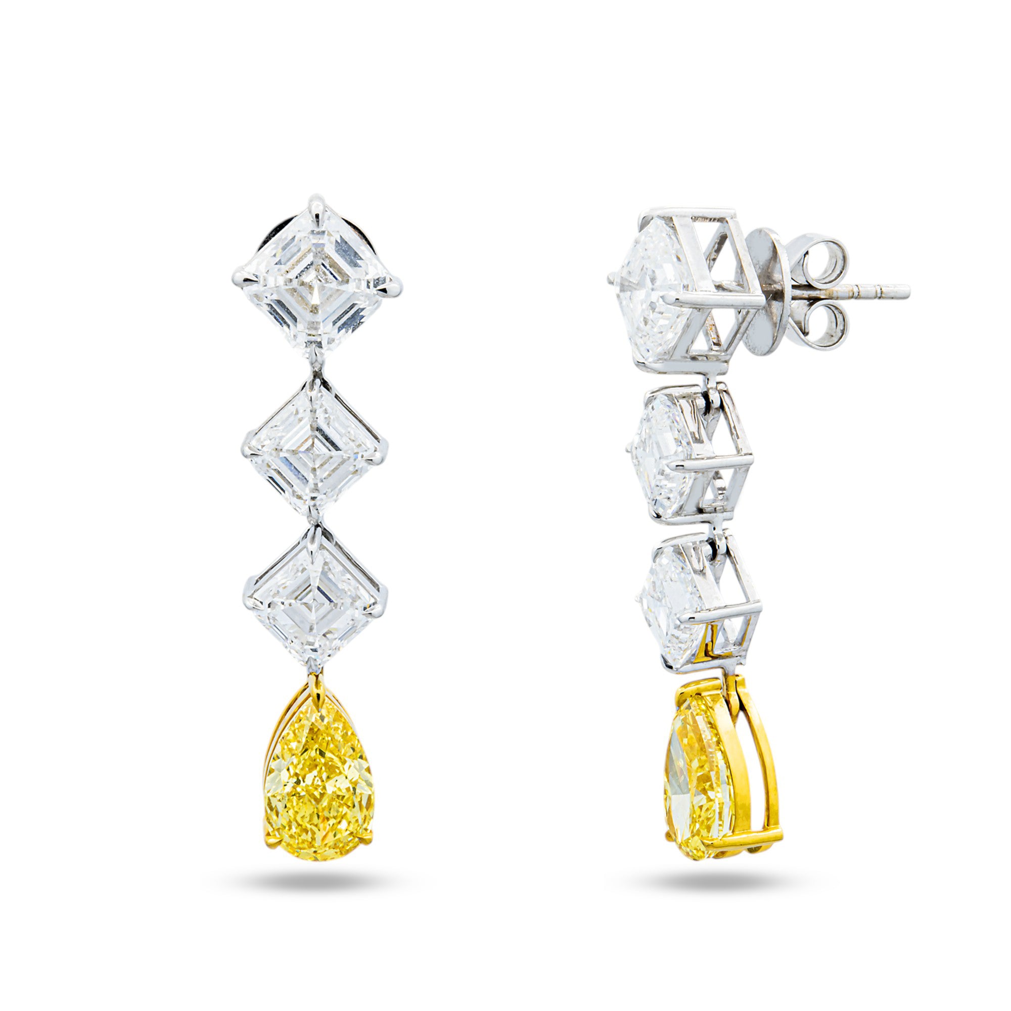 IGI 14K White Gold Asscher & Fancy Yellow Pear Diamond Drop Earrings 10.01ctw