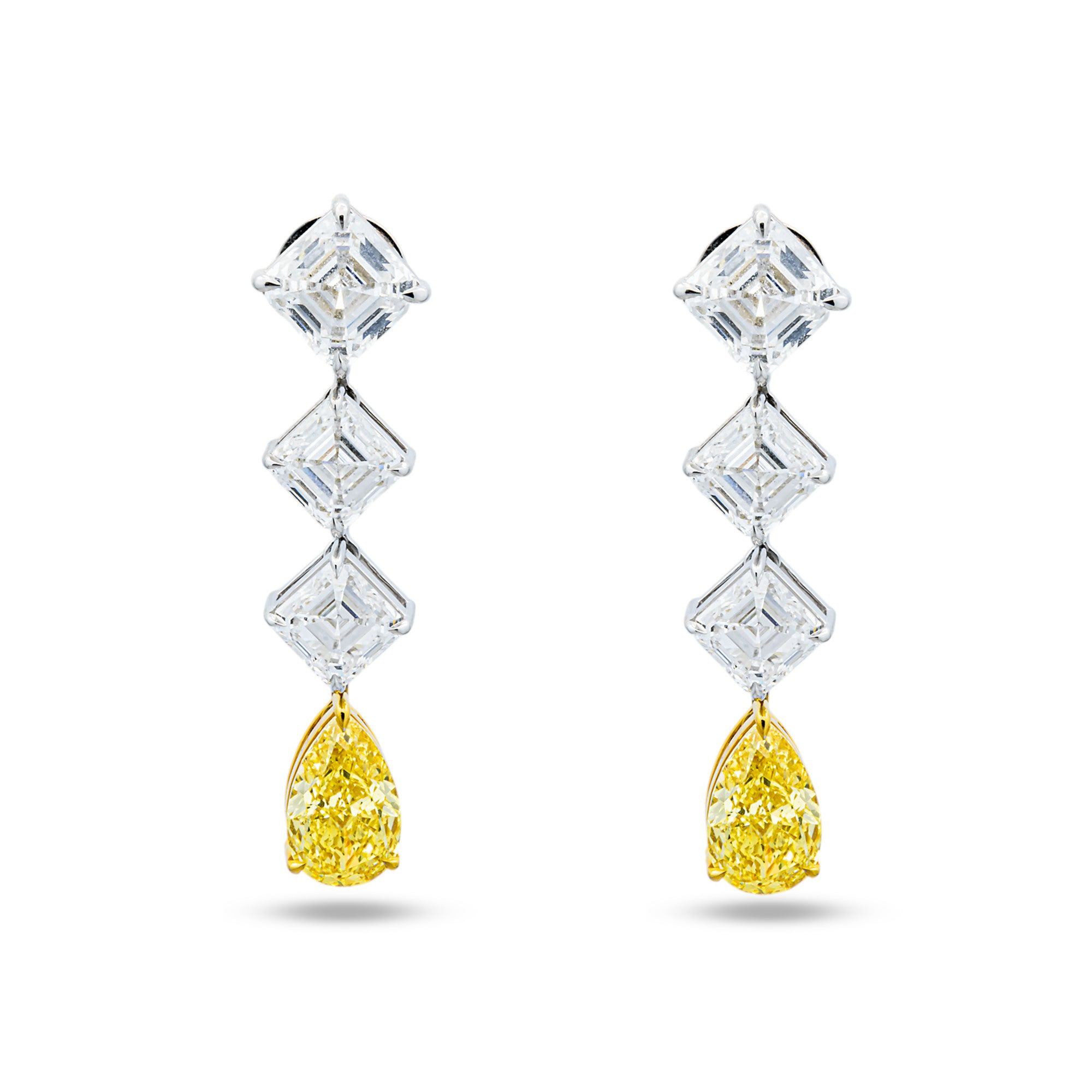 IGI 14K White Gold Asscher & Fancy Yellow Pear Diamond Drop Earrings 10.01ctw