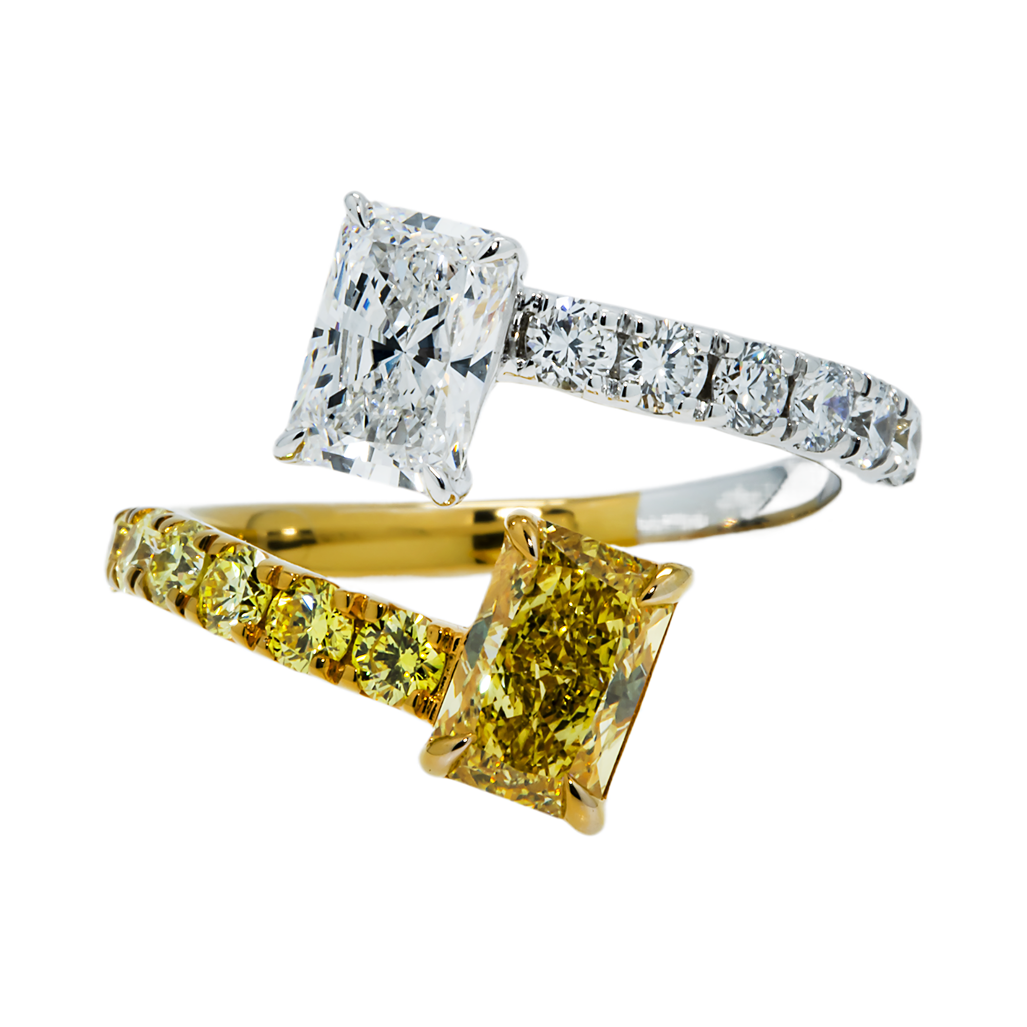 IGI 14K Two Tone Round & Radiant cut Fancy Yellow Diamond Wrap Ring 2.75ct