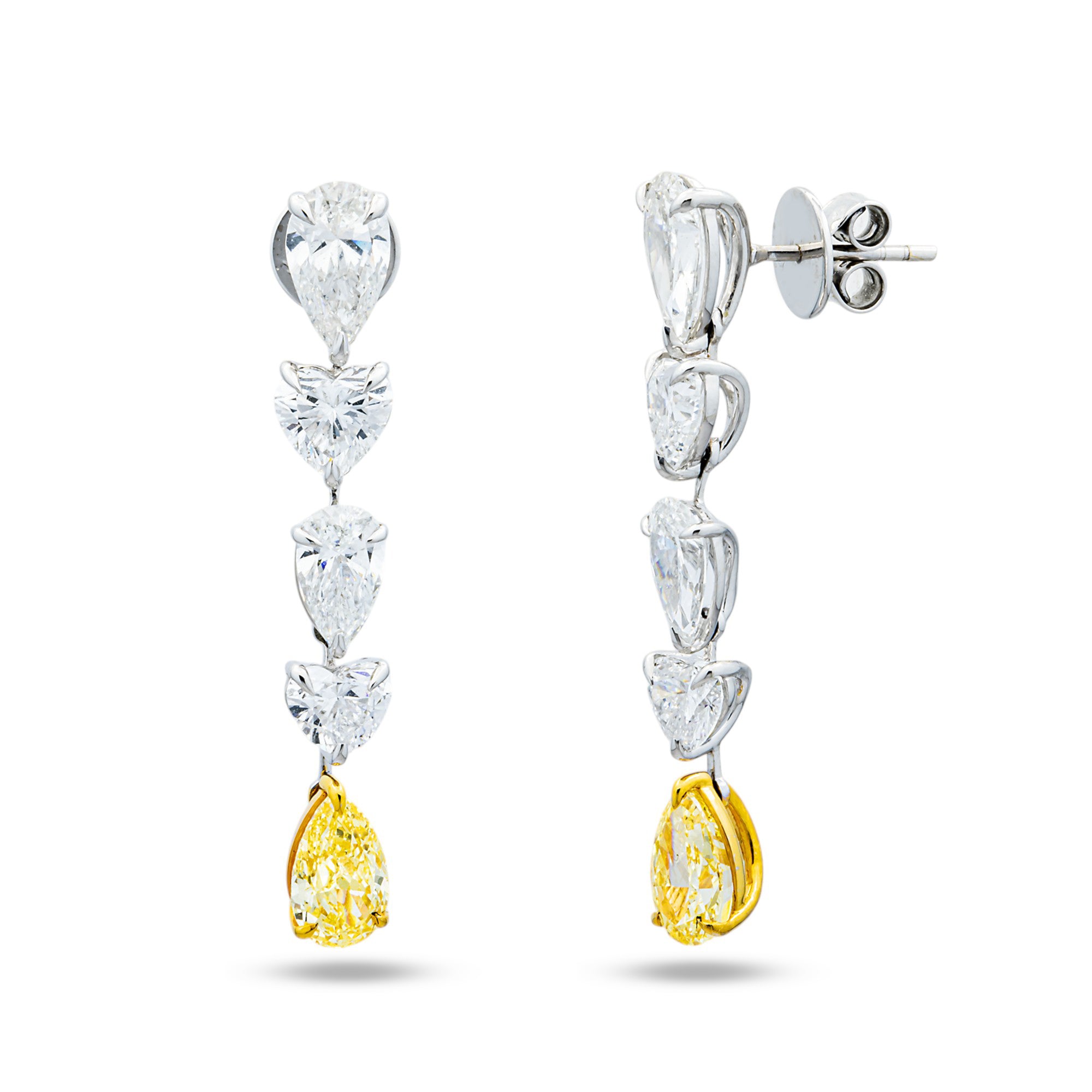 14K White Gold Fancy Yellow Pear & Heart Diamond Drop Earrings 8.18ctw