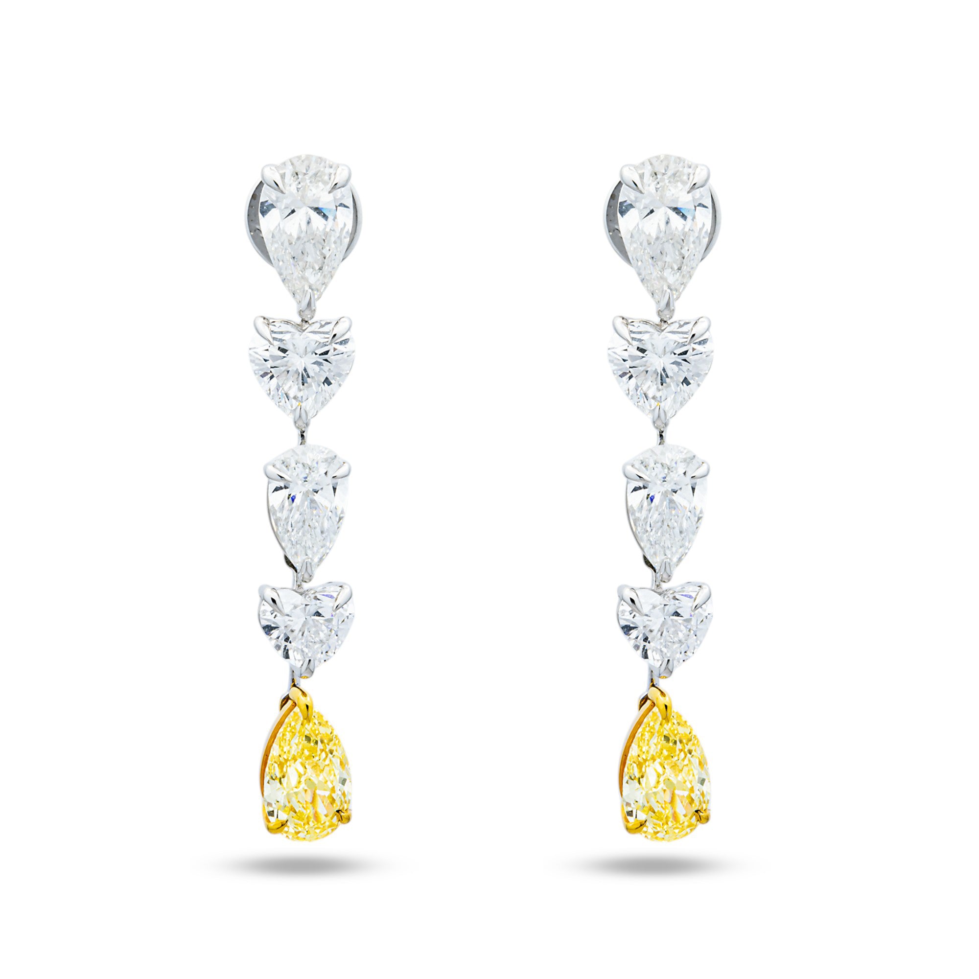 14K White Gold Fancy Yellow Pear & Heart Diamond Drop Earrings 8.18ctw