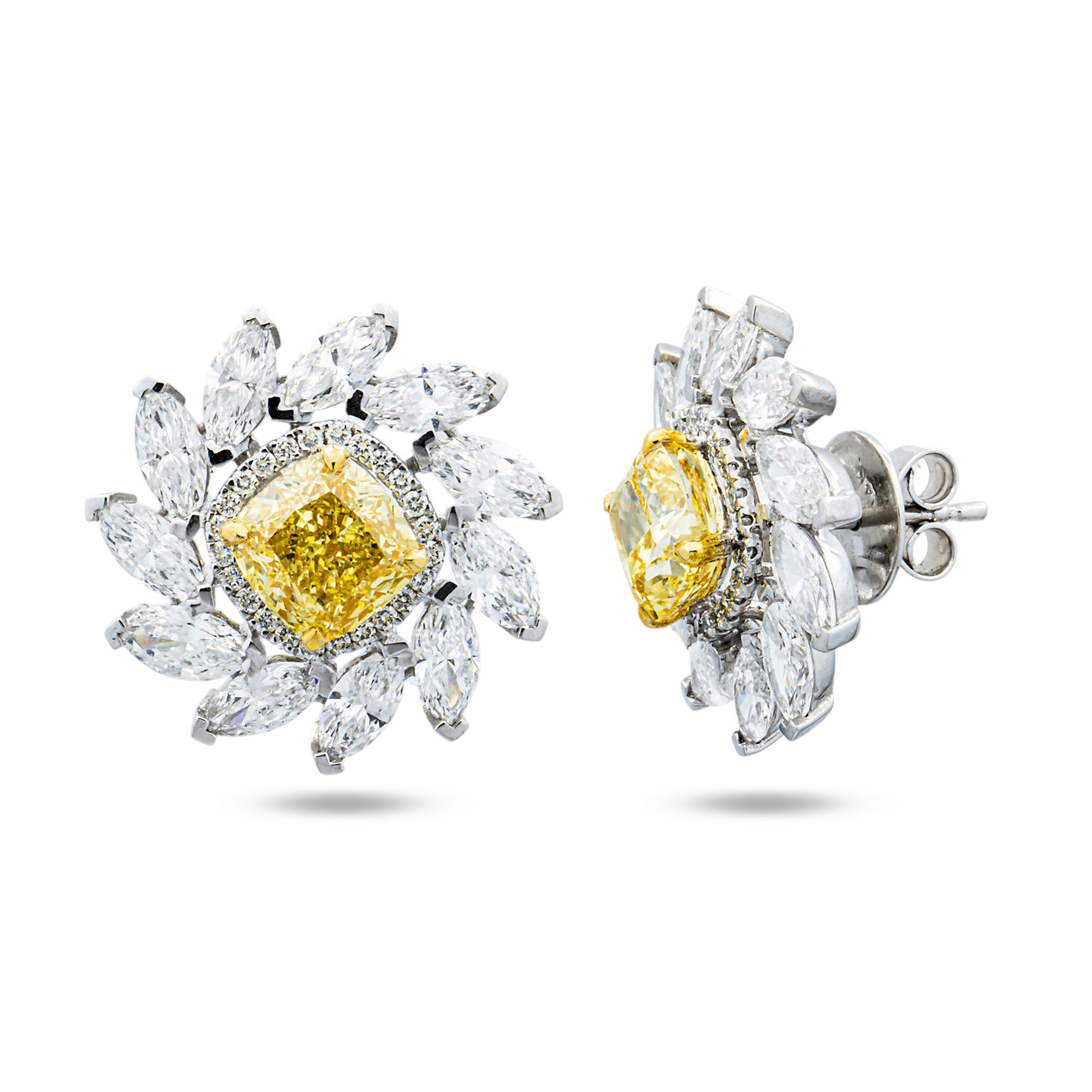 IGI 14K Fancy Yellow Cushion & Marquise Diamond Cluster Stud Earrings 11.06ctw