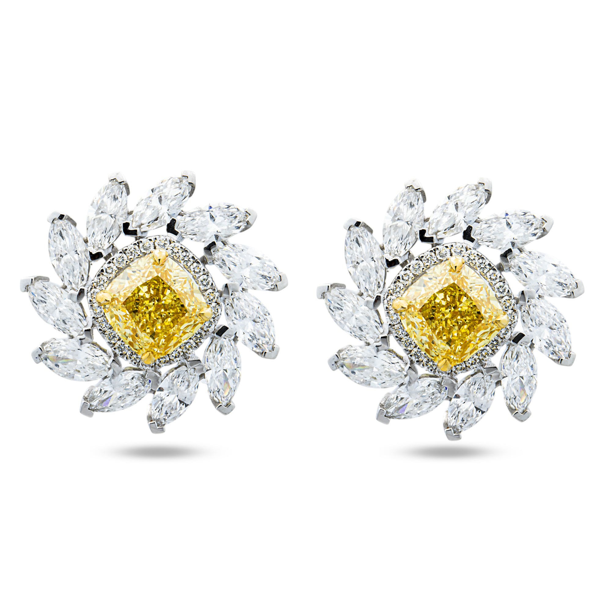 IGI 14K Fancy Yellow Cushion & Marquise Diamond Cluster Stud Earrings 11.06ctw
