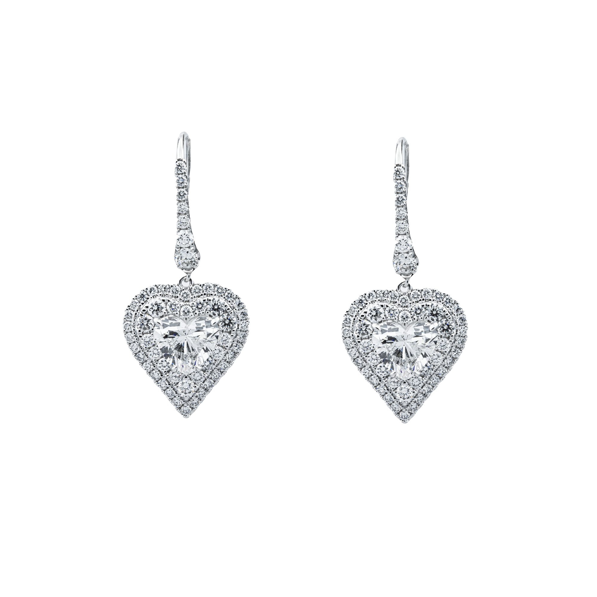 IGI 18K White Gold Round & Heart Cut Diamond Drop Earrings W/ Halo 5.06ctw