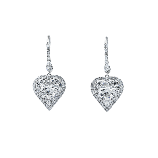 IGI 18K White Gold Round & Heart Cut Diamond Drop Earrings W/ Halo 5.06ctw
